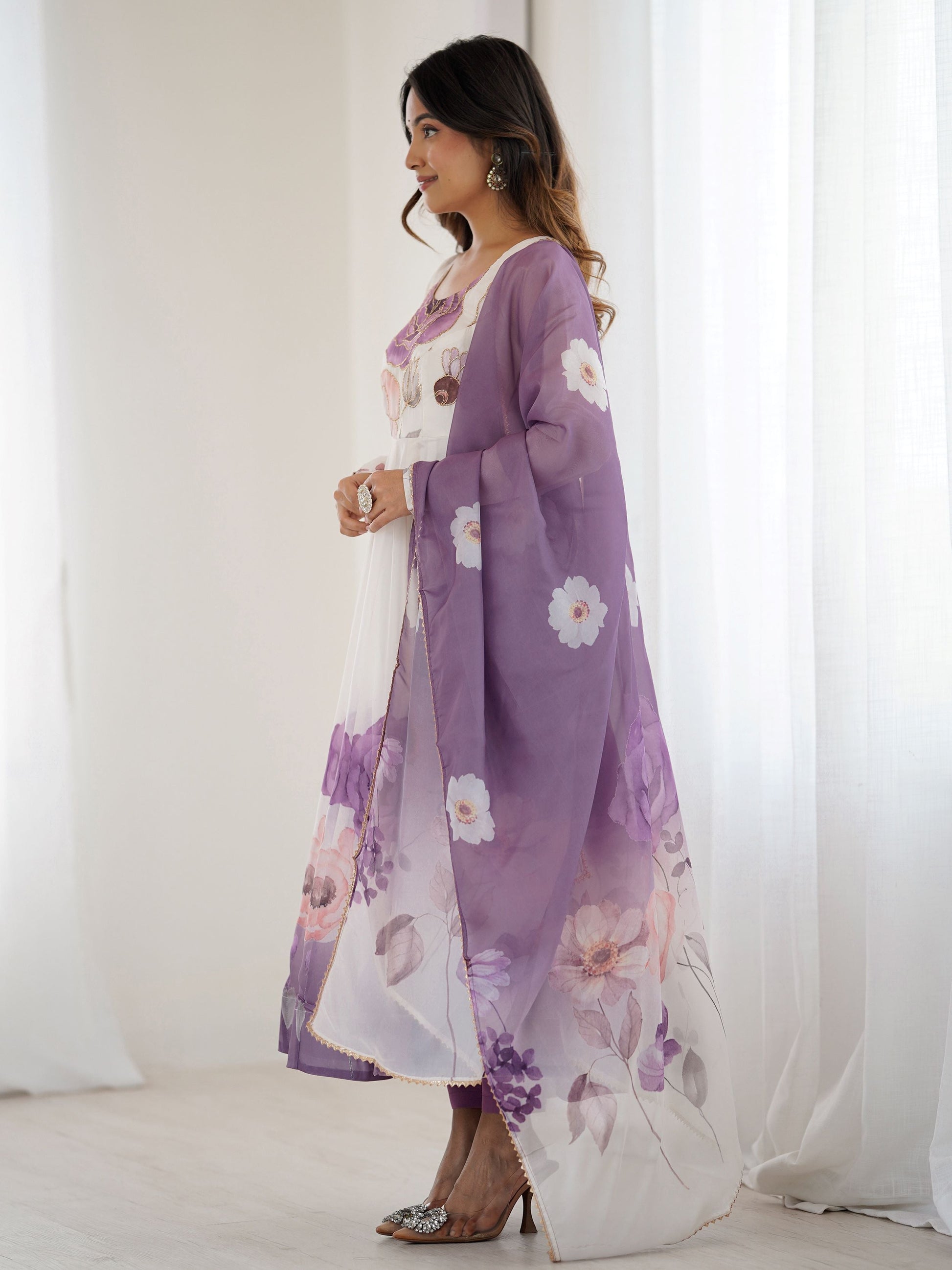 Pretty Purple Flower Printed Organza Traditional Anarkali Suit