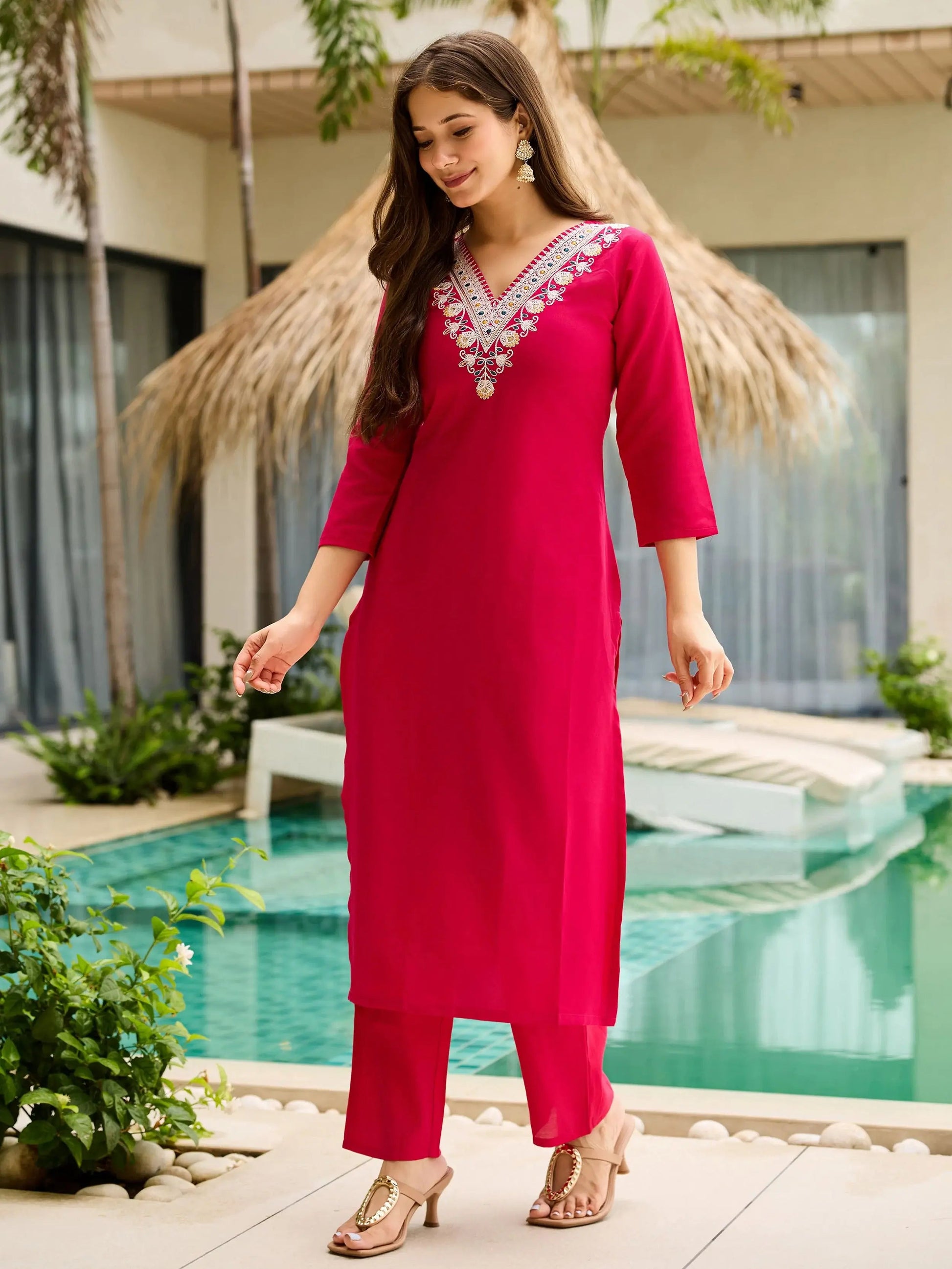 Awesome Rani Pink Rayon Thread Work Festival Wear Pant Suit