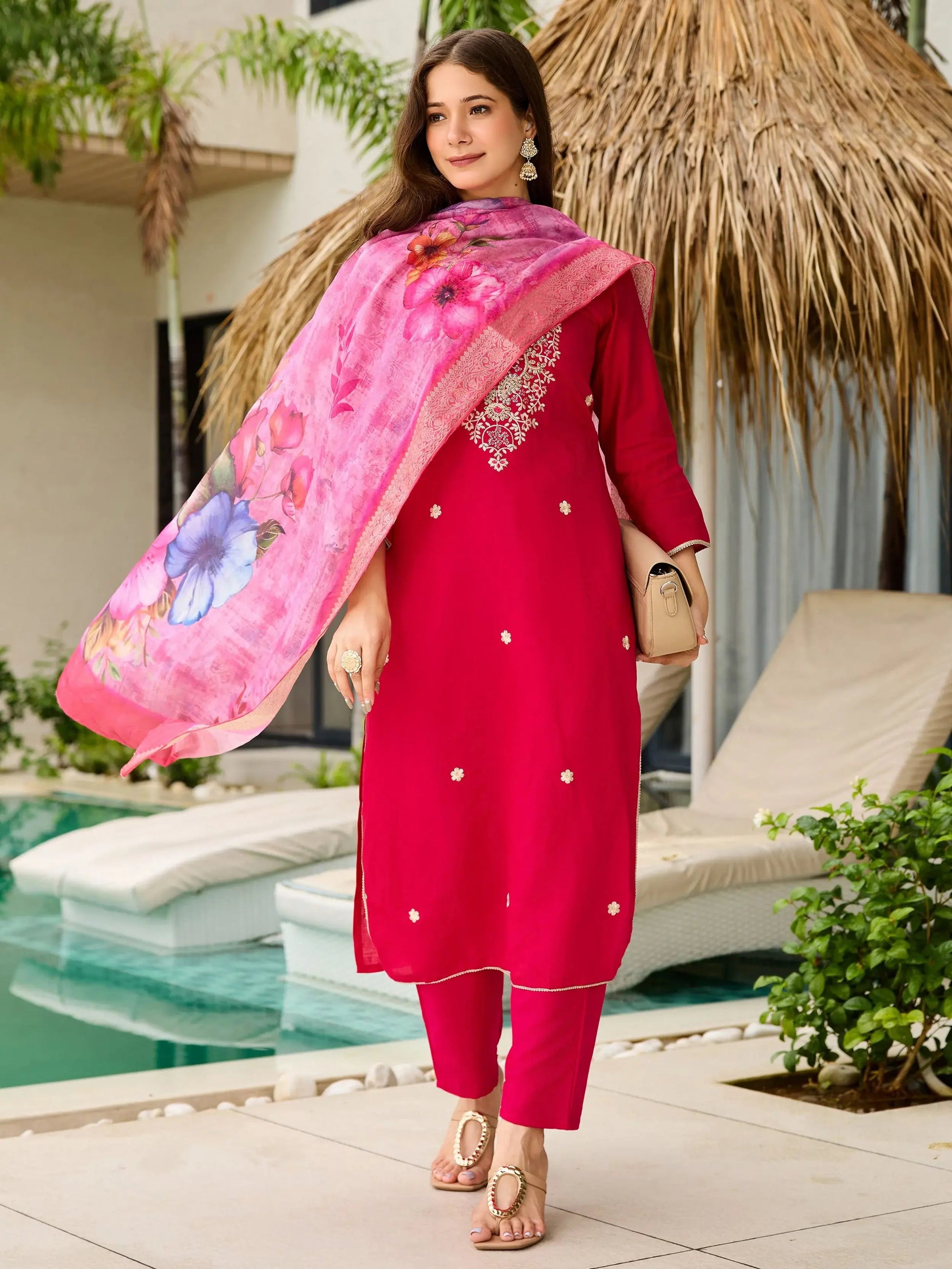 Tantalizing Pink Viscose Sequins Festival Wear Straight Suit