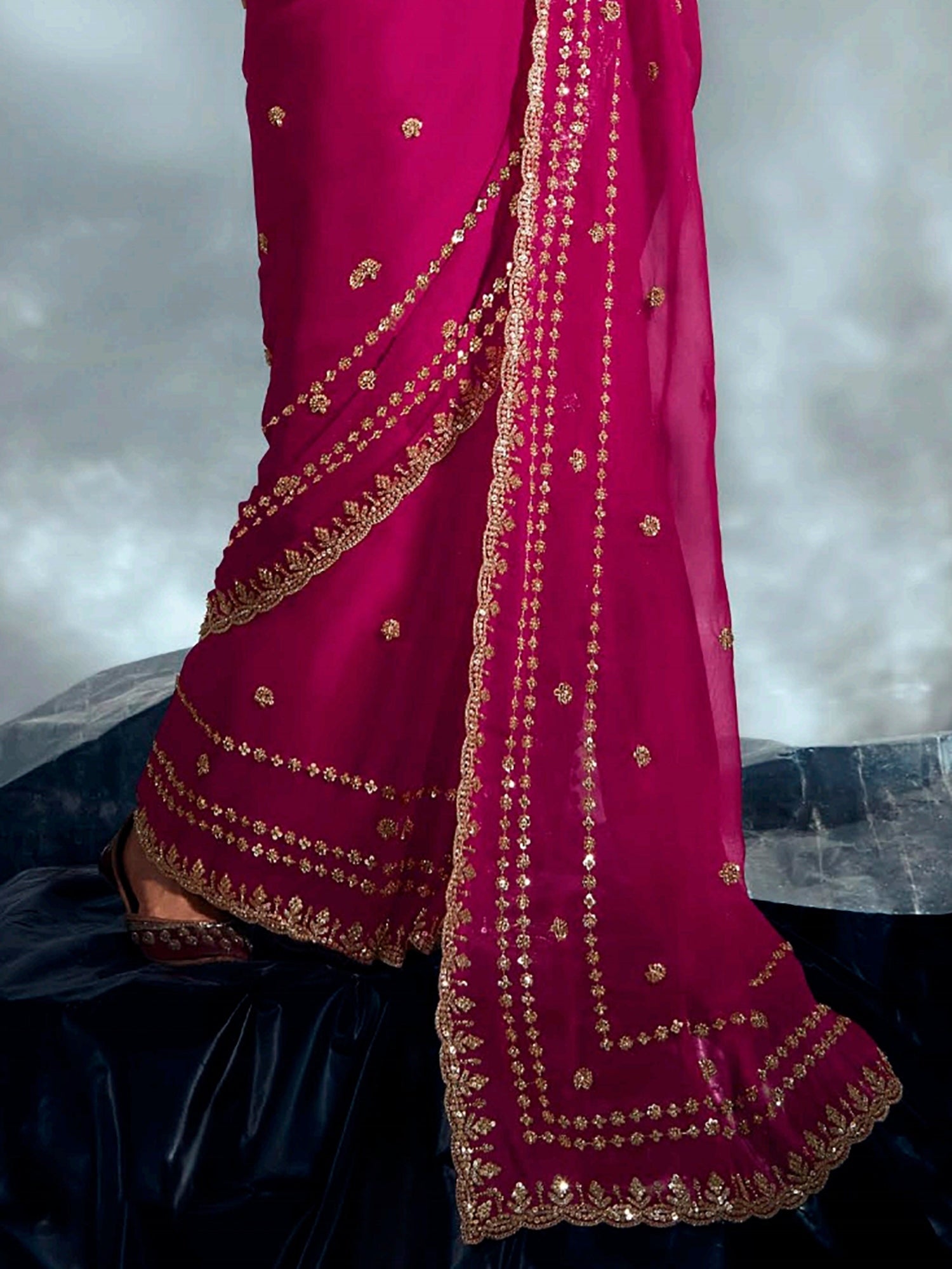 Elegant Rani Pink Khatli Work Organza Wedding Wear Saree With Blouse