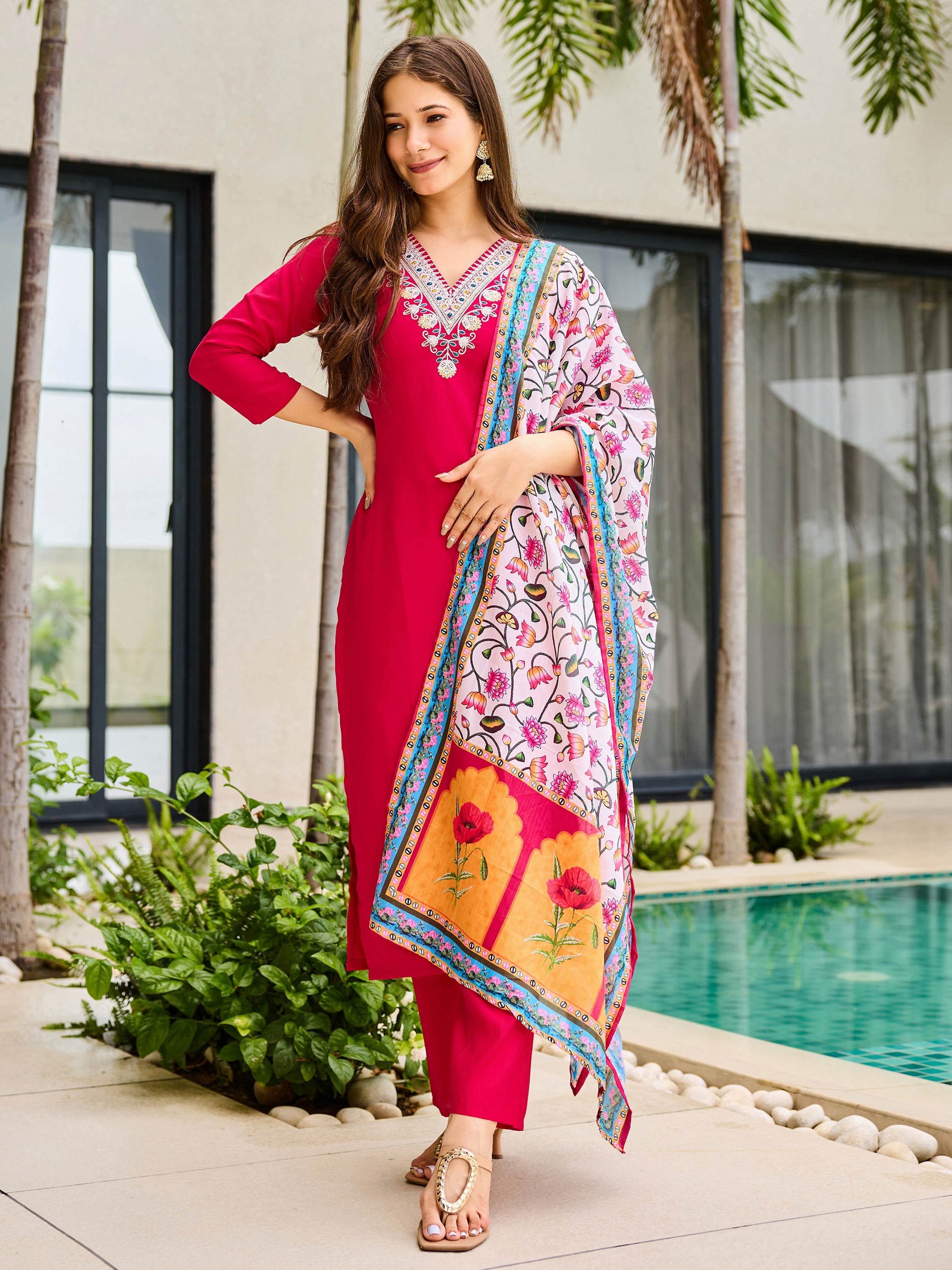 Awesome Rani Pink Rayon Thread Work Festival Wear Pant Suit