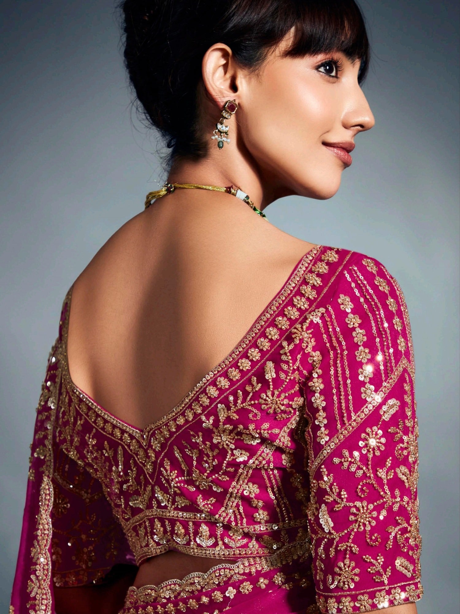 Elegant Rani Pink Khatli Work Organza Wedding Wear Saree With Blouse