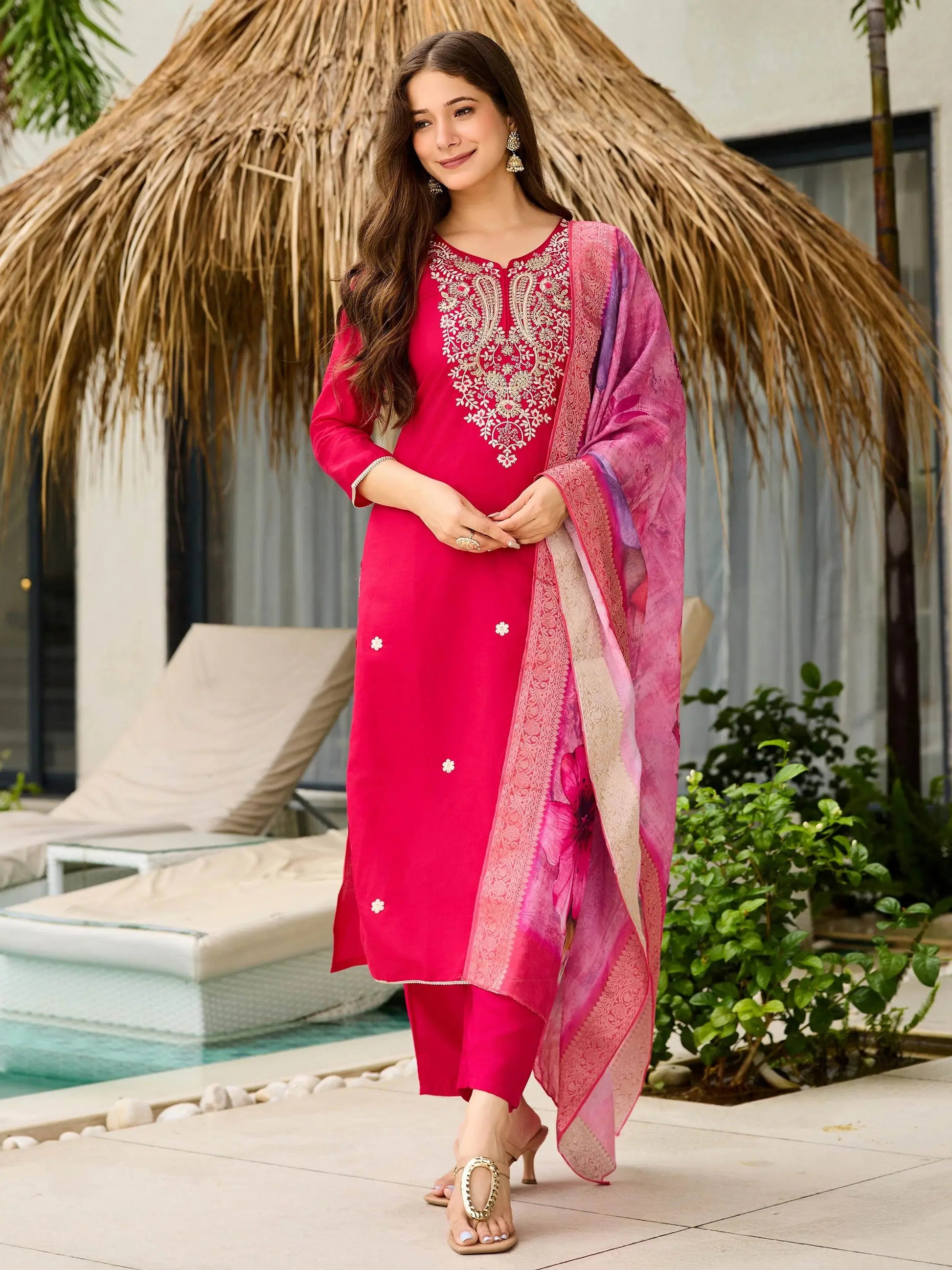 Tantalizing Pink Viscose Sequins Festival Wear Straight Suit
