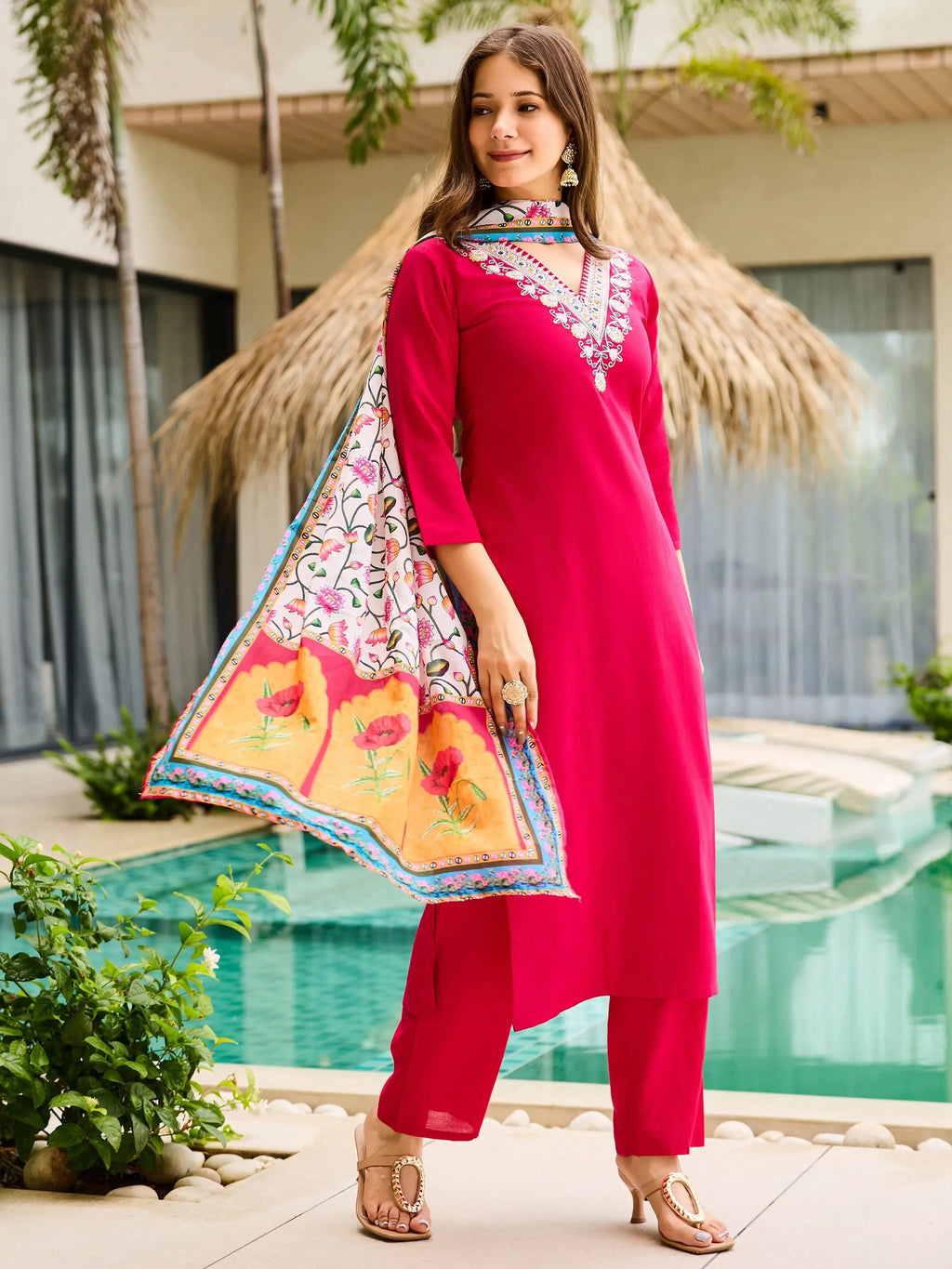 Awesome Rani Pink Rayon Thread Work Festival Wear Pant Suit