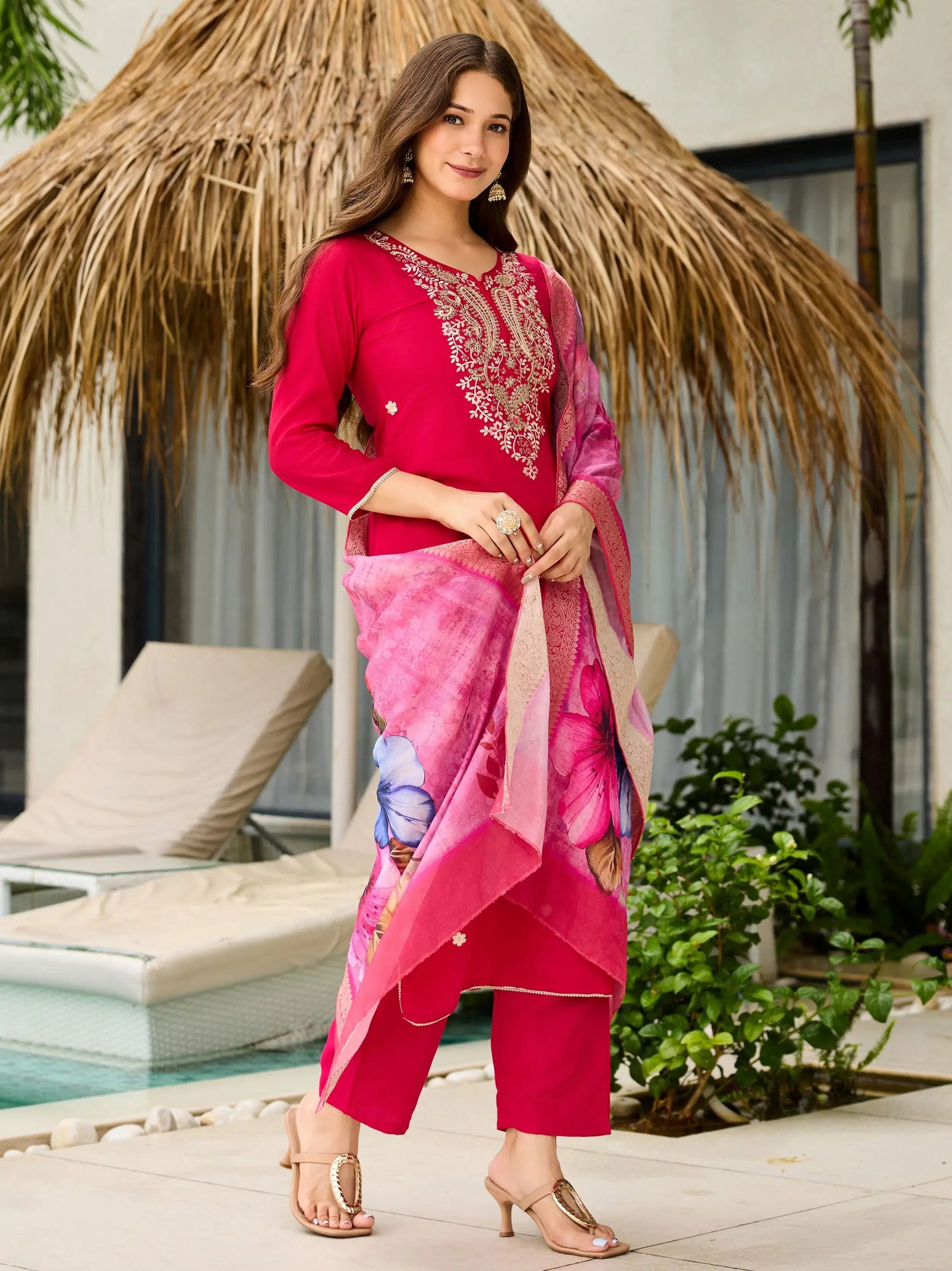 Tantalizing Pink Viscose Sequins Festival Wear Straight Suit