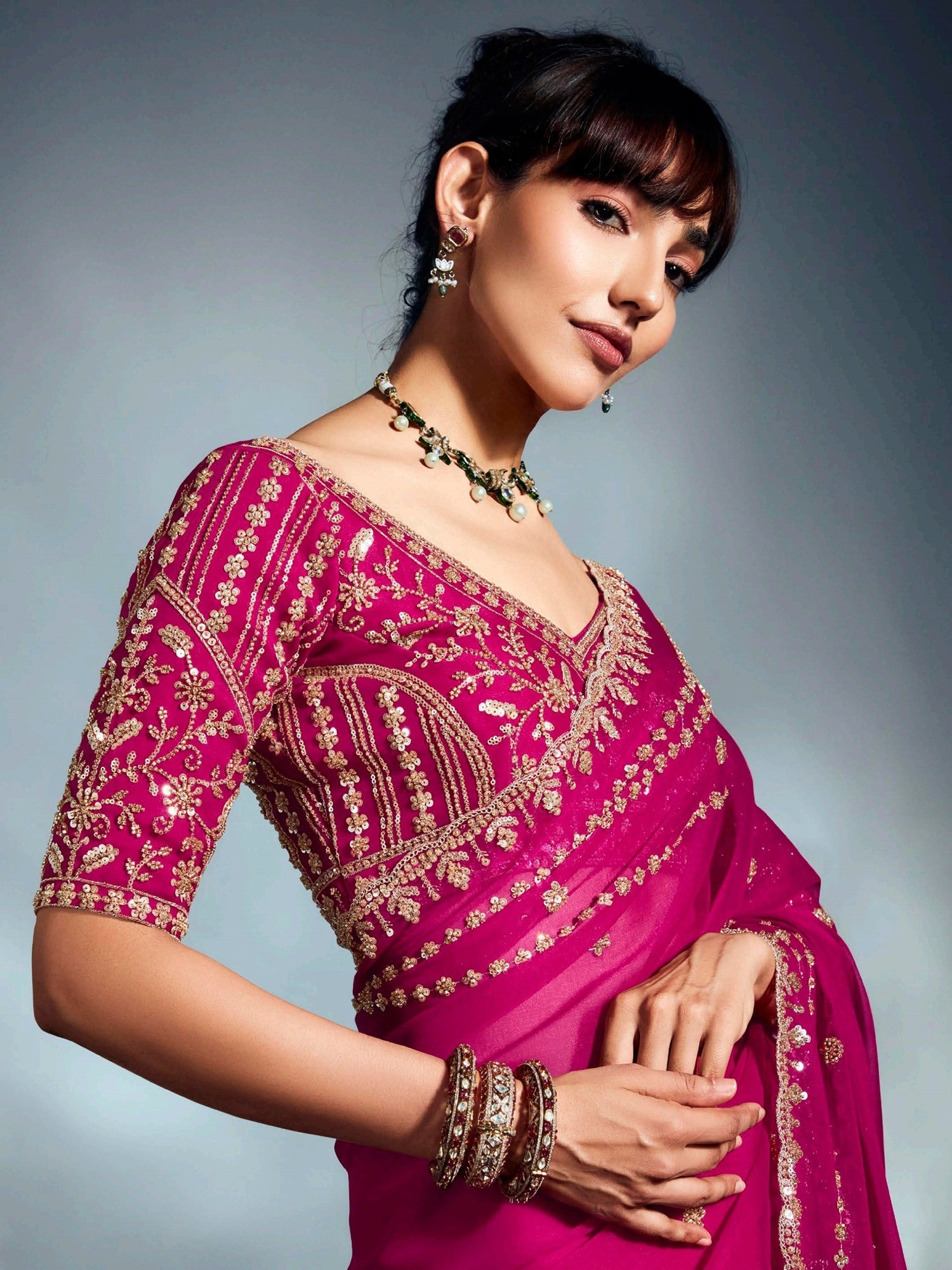 Elegant Rani Pink Khatli Work Organza Wedding Wear Saree With Blouse