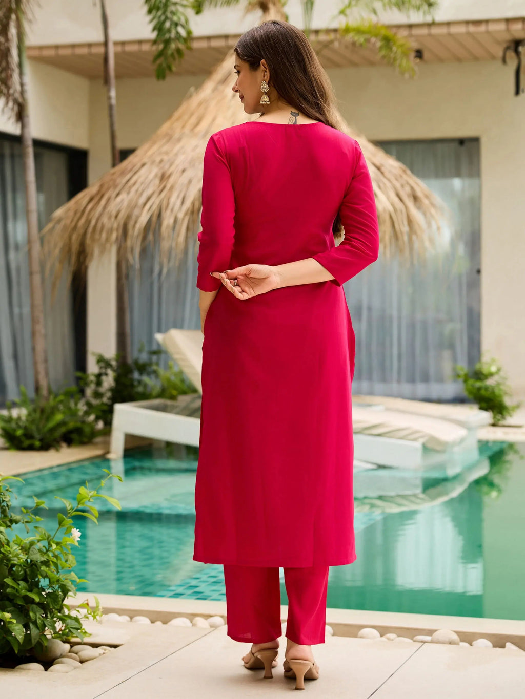 Awesome Rani Pink Rayon Thread Work Festival Wear Pant Suit