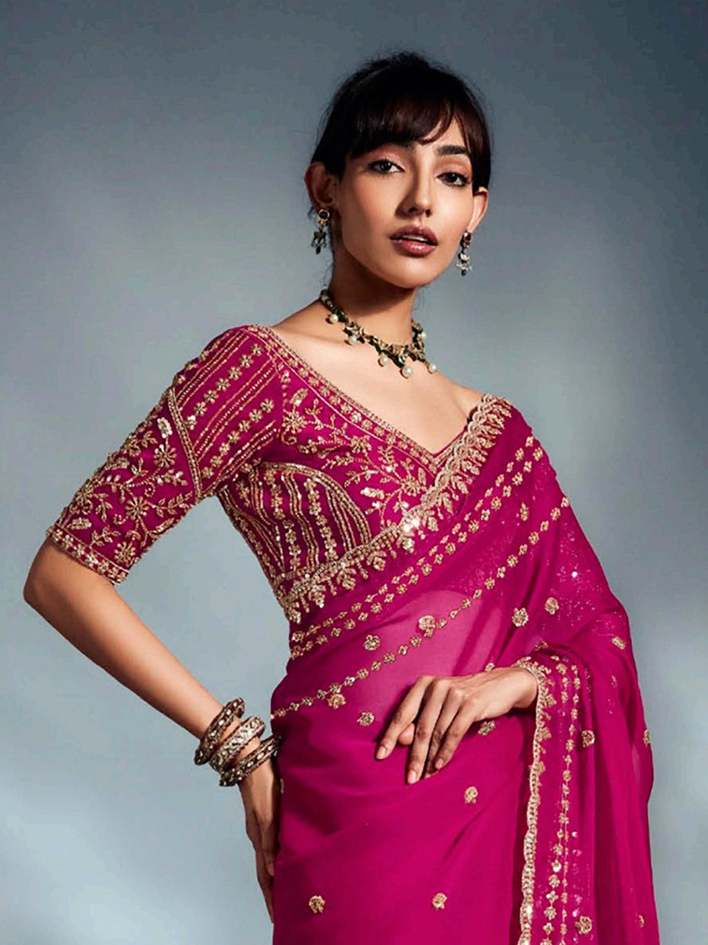 Elegant Rani Pink Khatli Work Organza Wedding Wear Saree With Blouse