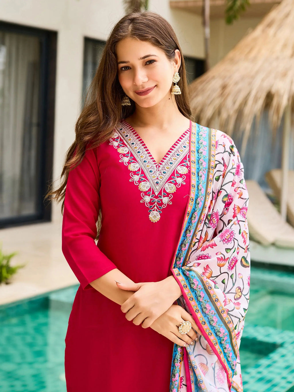 Awesome Rani Pink Rayon Thread Work Festival Wear Pant Suit