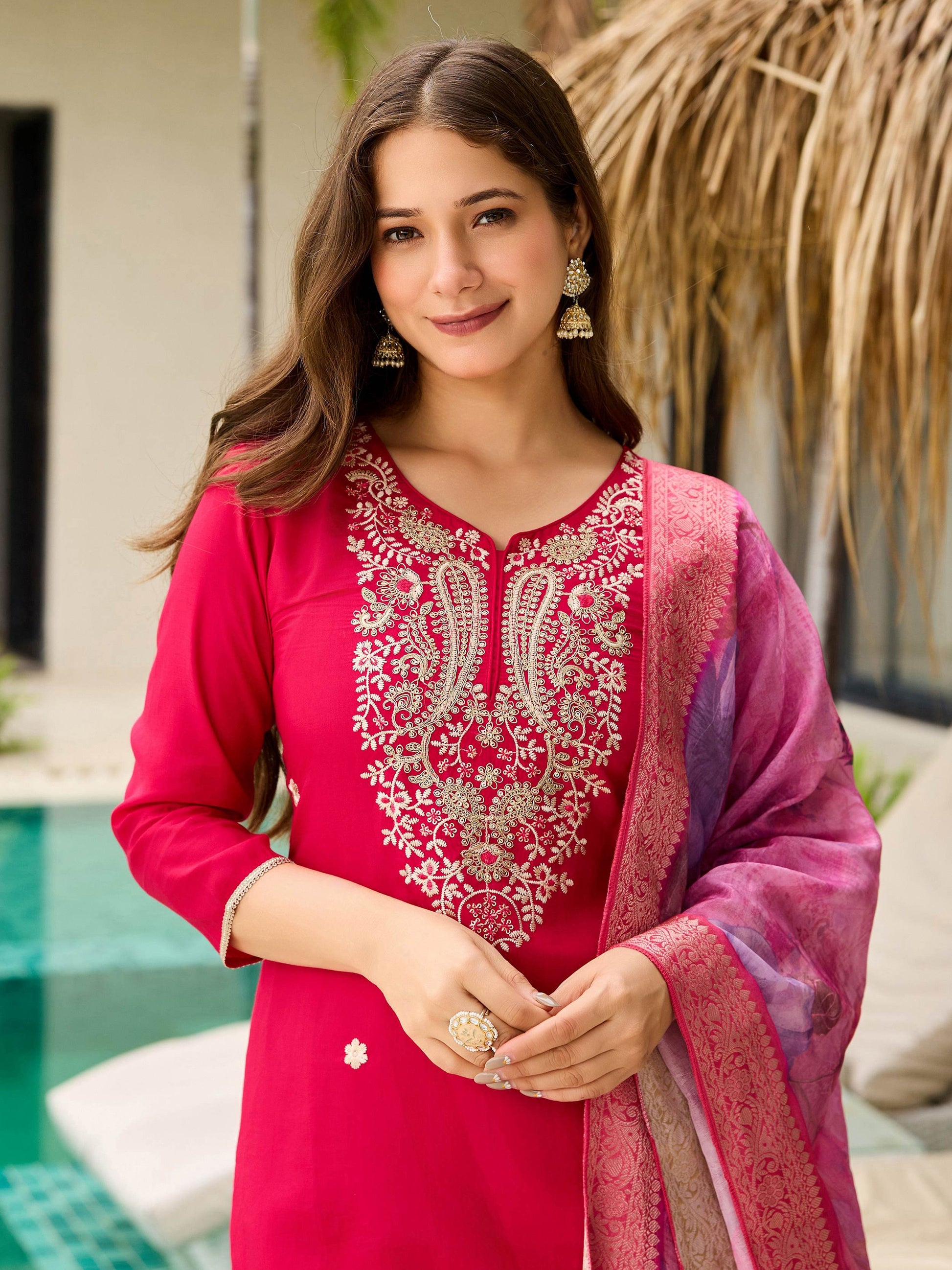 Tantalizing Pink Viscose Sequins Festival Wear Straight Suit