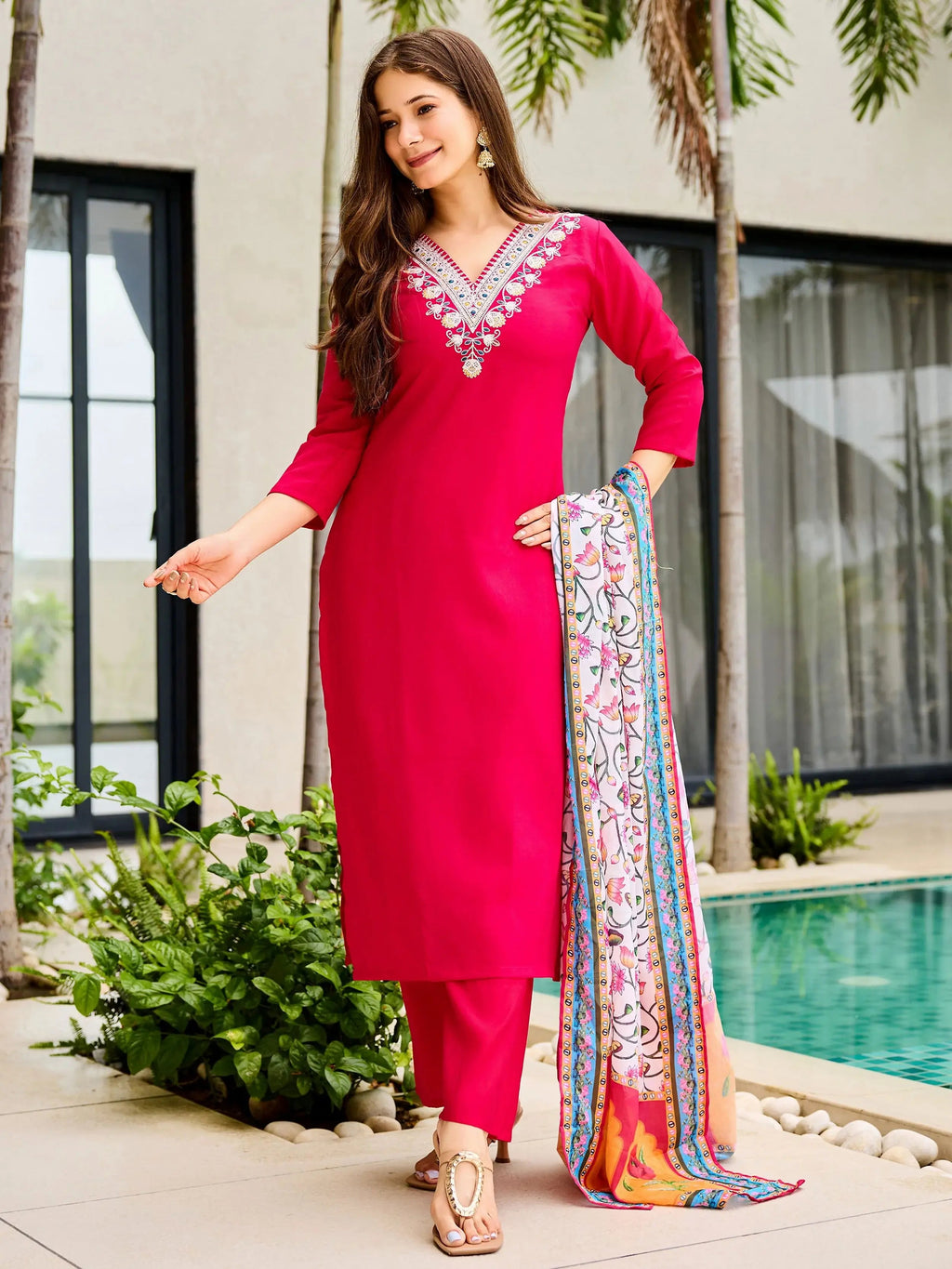 Awesome Rani Pink Rayon Thread Work Festival Wear Pant Suit