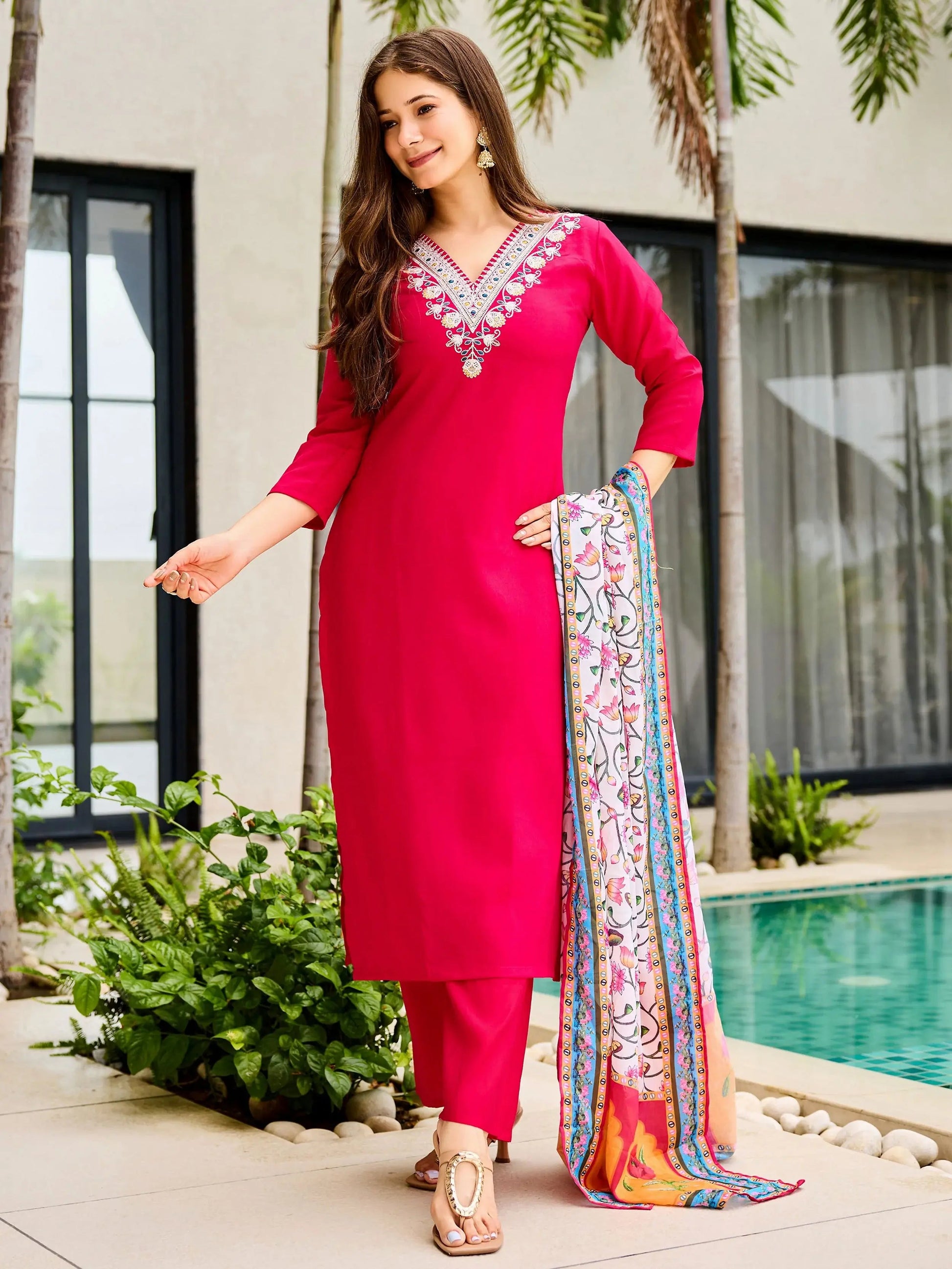 Awesome Rani Pink Rayon Thread Work Festival Wear Pant Suit