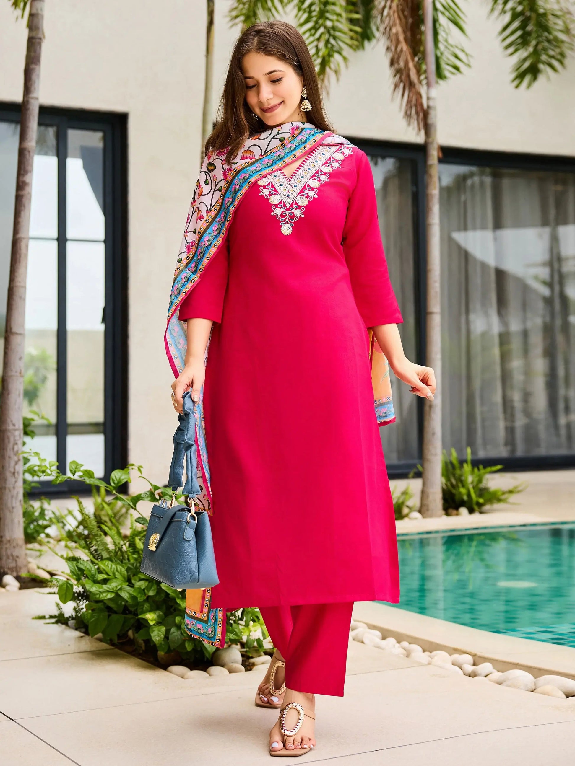 Awesome Rani Pink Rayon Thread Work Festival Wear Pant Suit