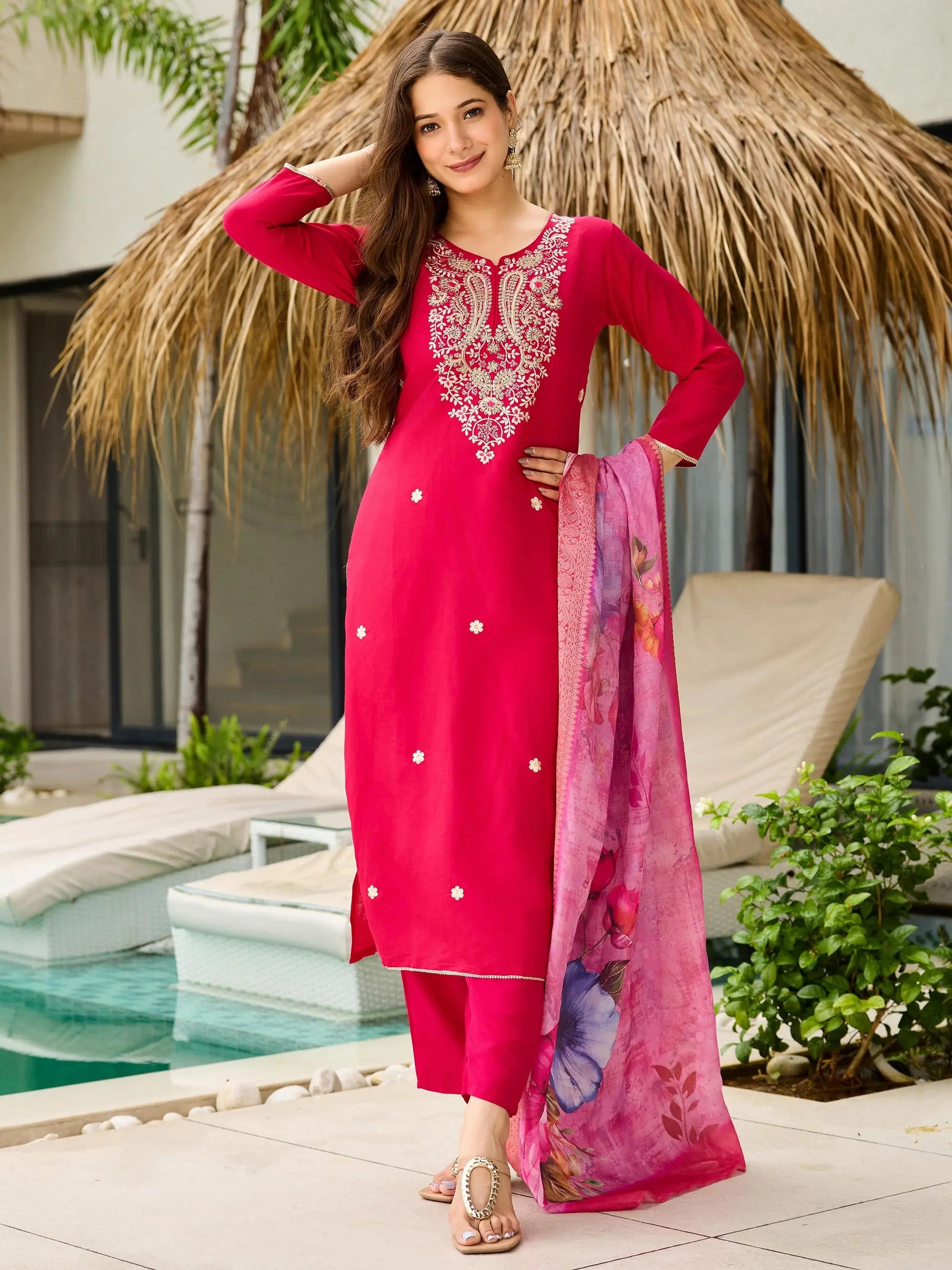 Tantalizing Pink Viscose Sequins Festival Wear Straight Suit