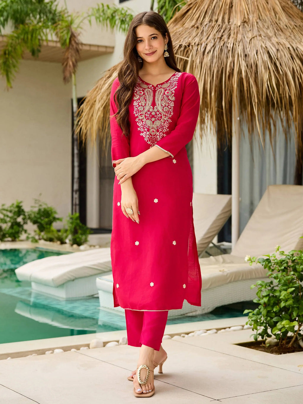 Tantalizing Pink Viscose Sequins Festival Wear Straight Suit