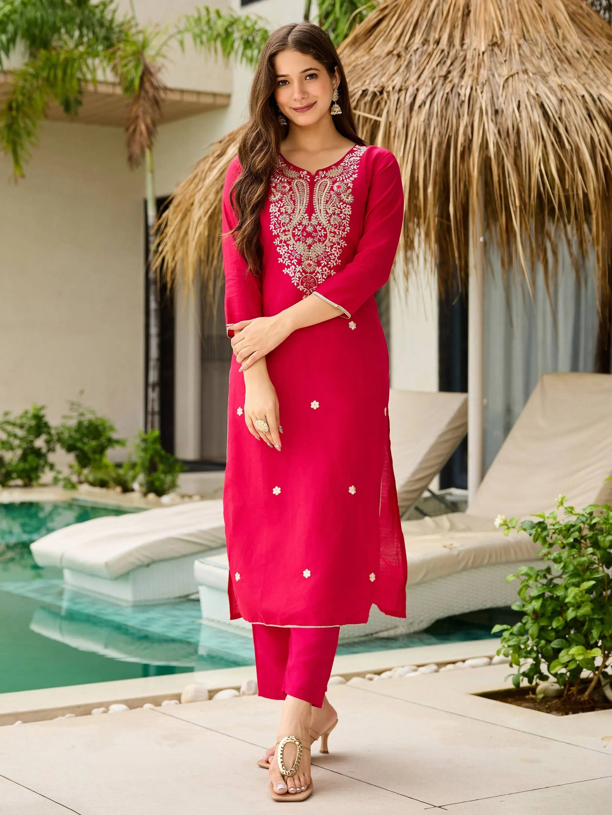 Tantalizing Pink Viscose Sequins Festival Wear Straight Suit