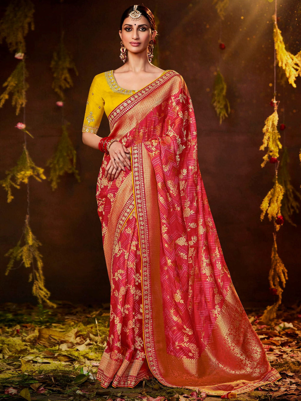 Astonishing Red Silk Bandhani Printed Wedding Saree With Blouse