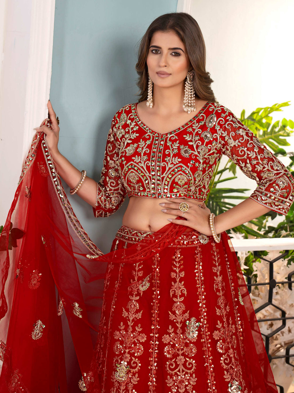Outstanding Red Net Embroidered Wedding Wear Lehenga Choli