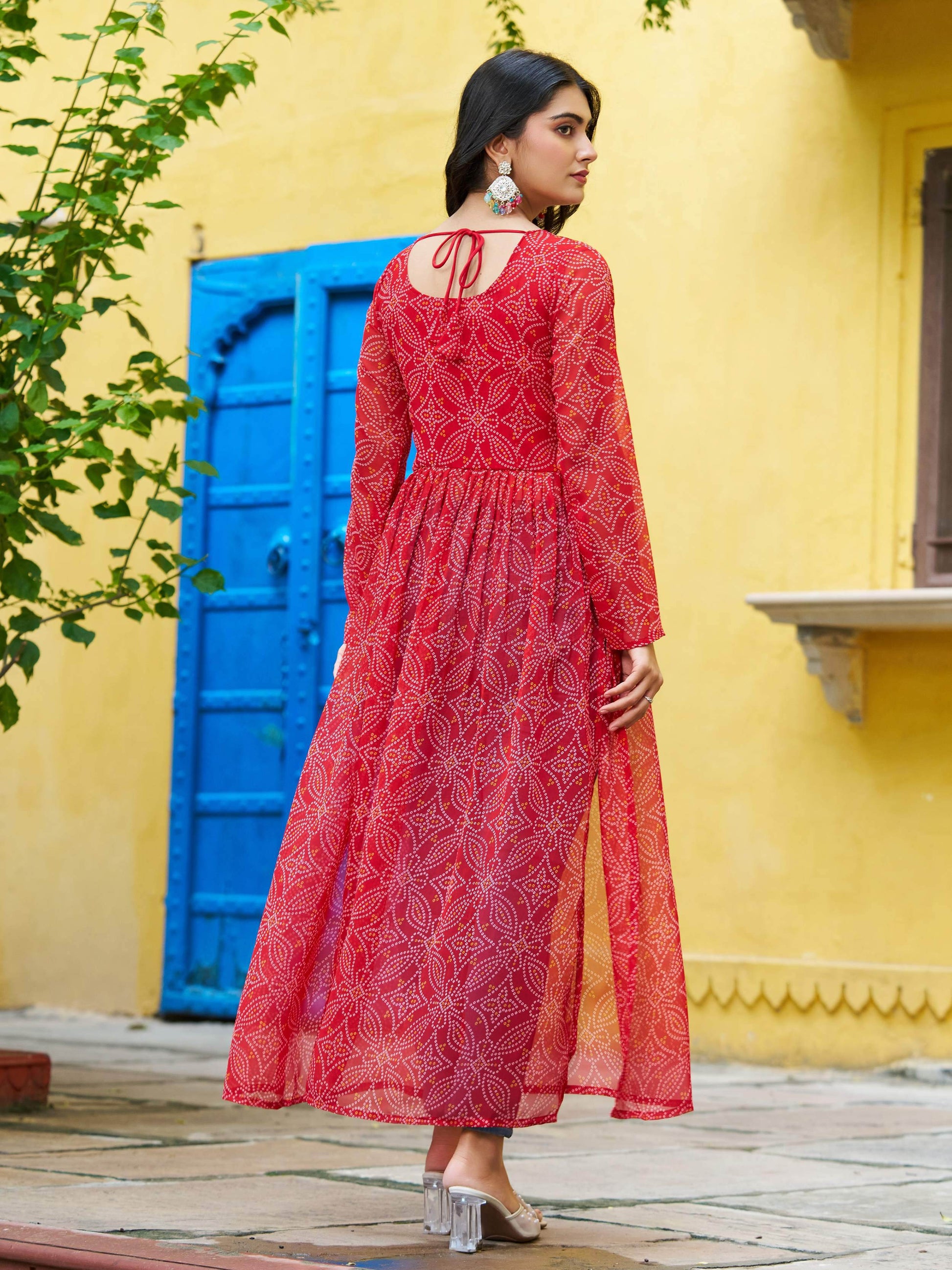 Gorgeous Red Georgette Bandhani Printed Traditional Kurti