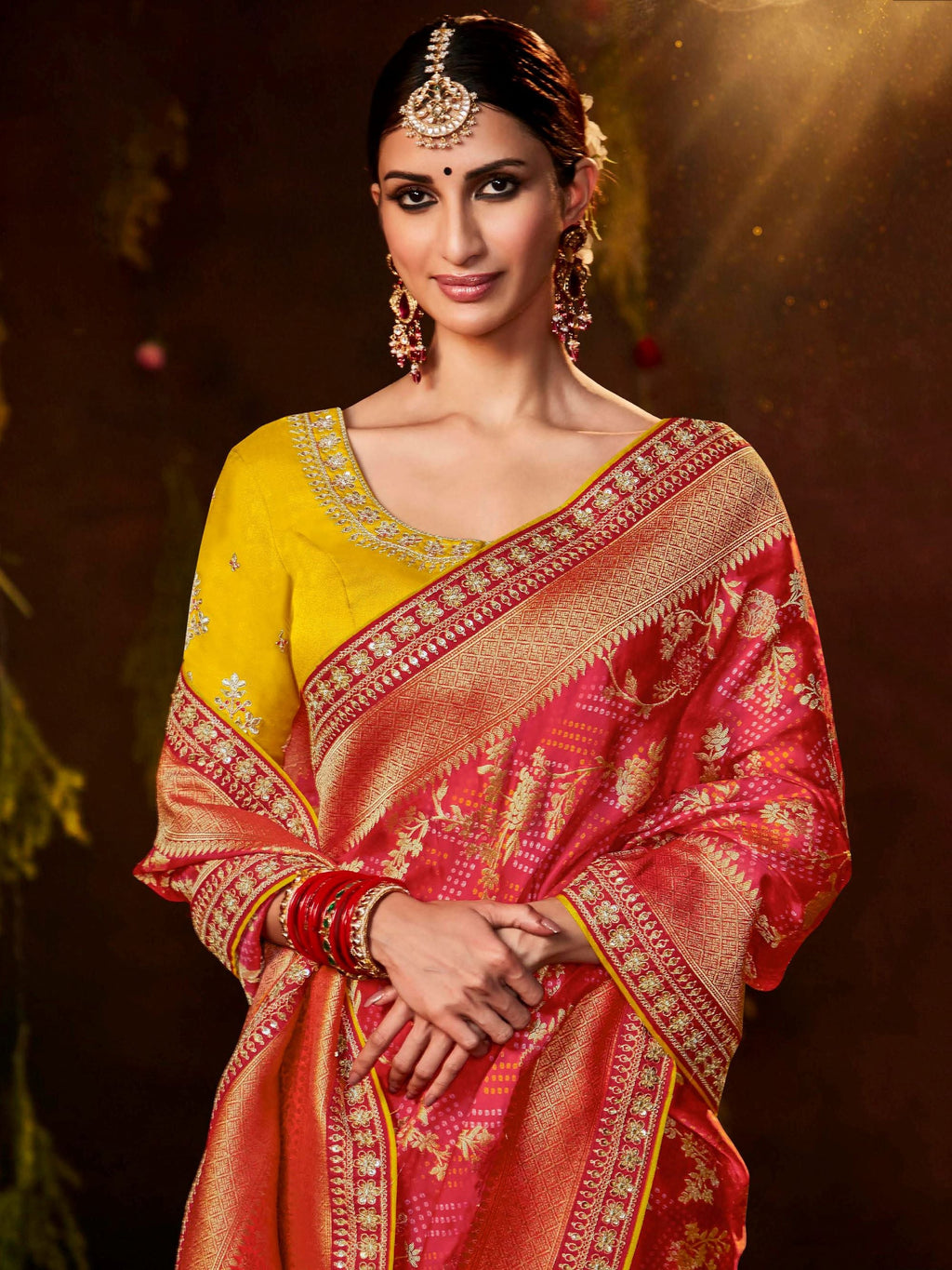 Astonishing Red Silk Bandhani Printed Wedding Saree With Blouse