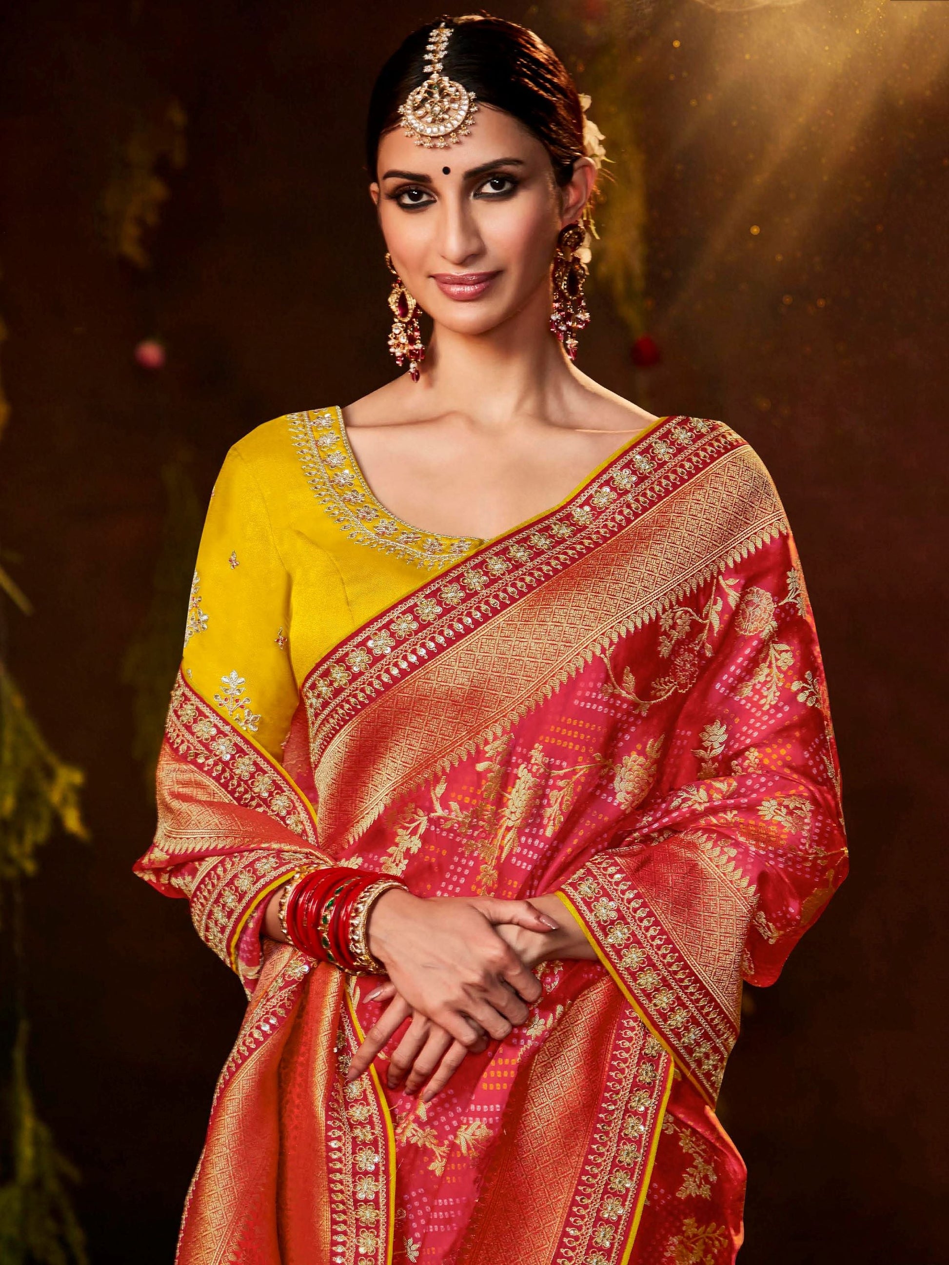 Astonishing Red Silk Bandhani Printed Wedding Saree With Blouse