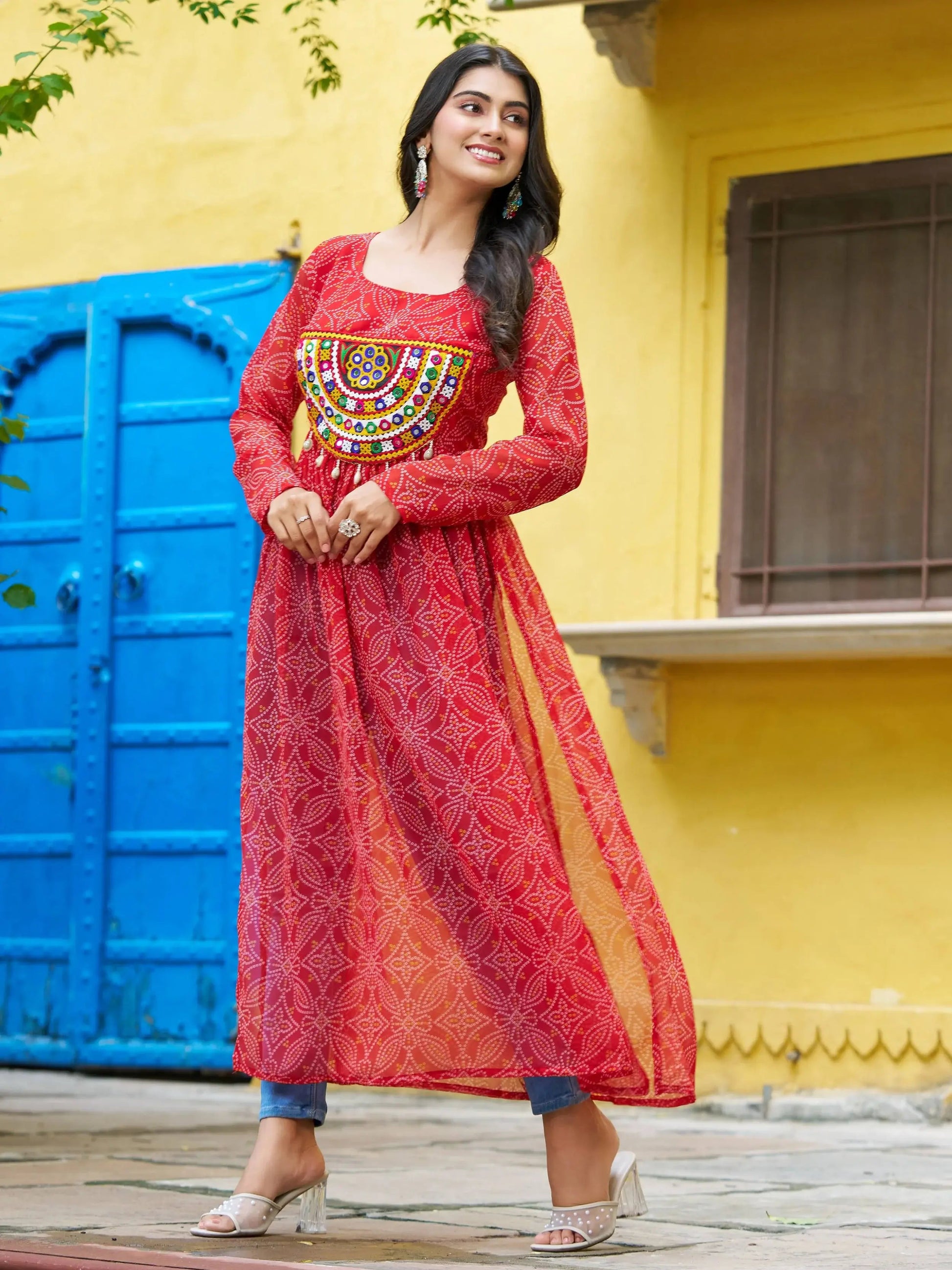 Gorgeous Red Georgette Bandhani Printed Traditional Kurti