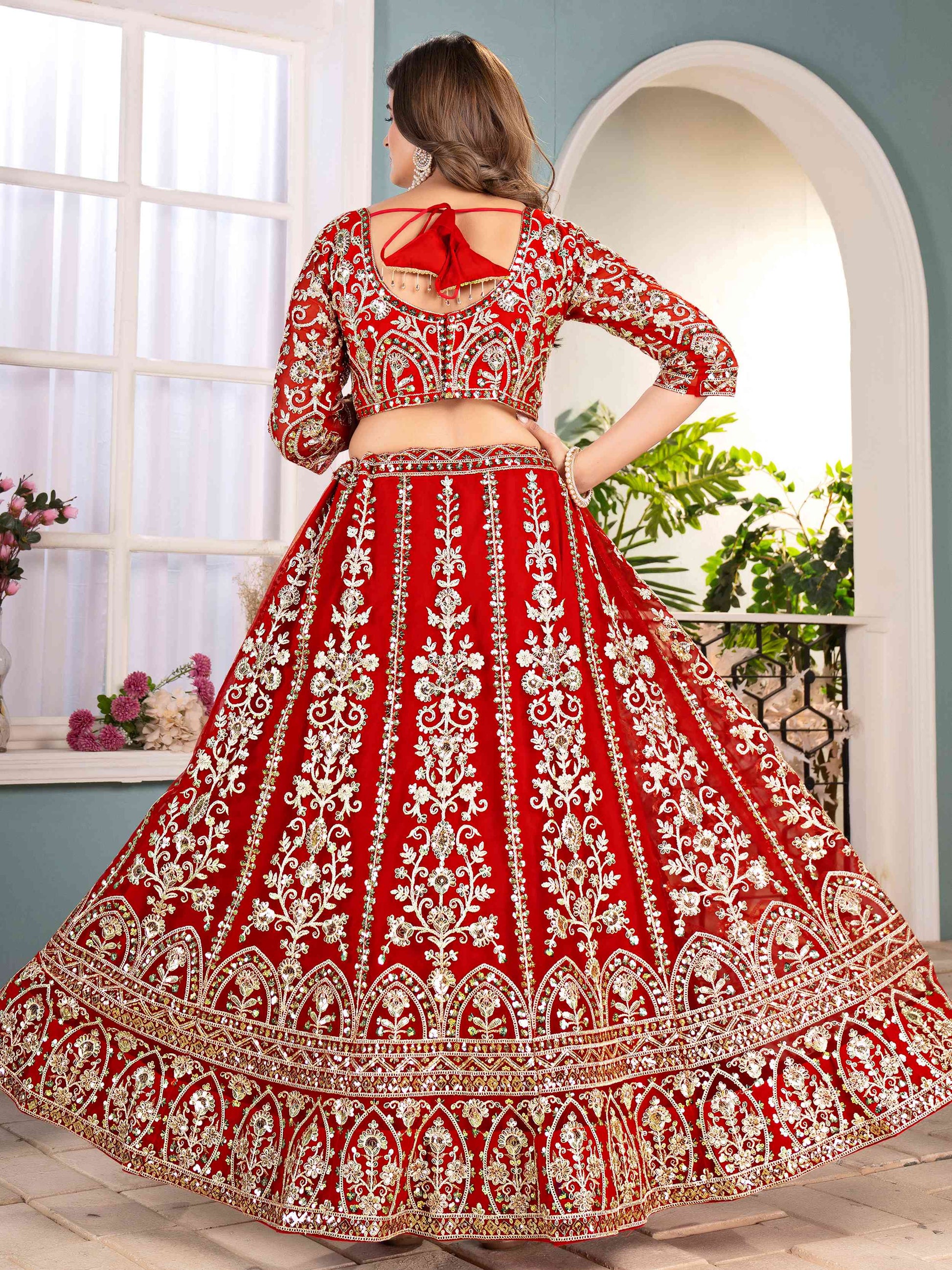 Outstanding Red Net Embroidered Wedding Wear Lehenga Choli