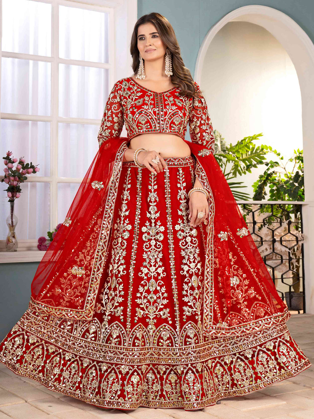Outstanding Red Net Embroidered Wedding Wear Lehenga Choli