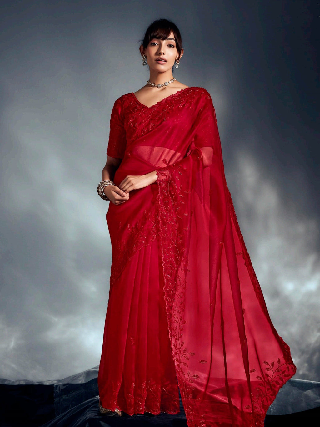Gorgeous Red Organza Cut Dana Work Wedding Saree With Blouse