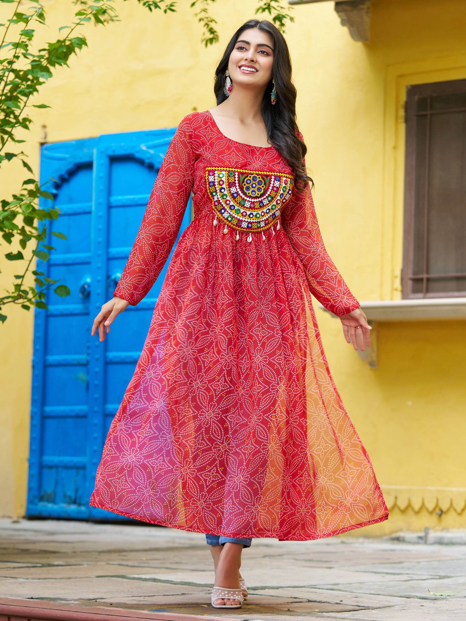 Gorgeous Red Georgette Bandhani Printed Traditional Kurti