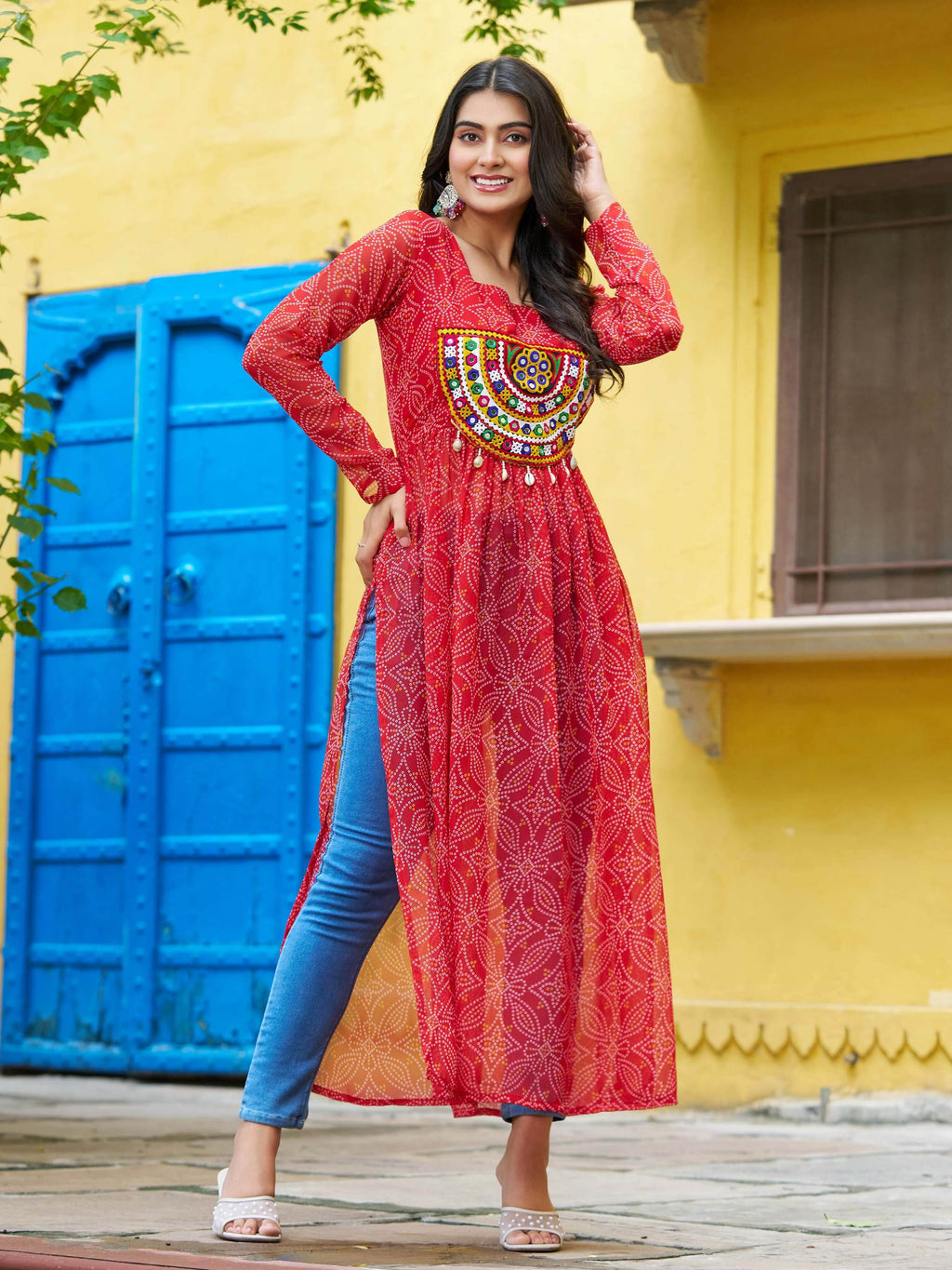 Gorgeous Red Georgette Bandhani Printed Traditional Kurti