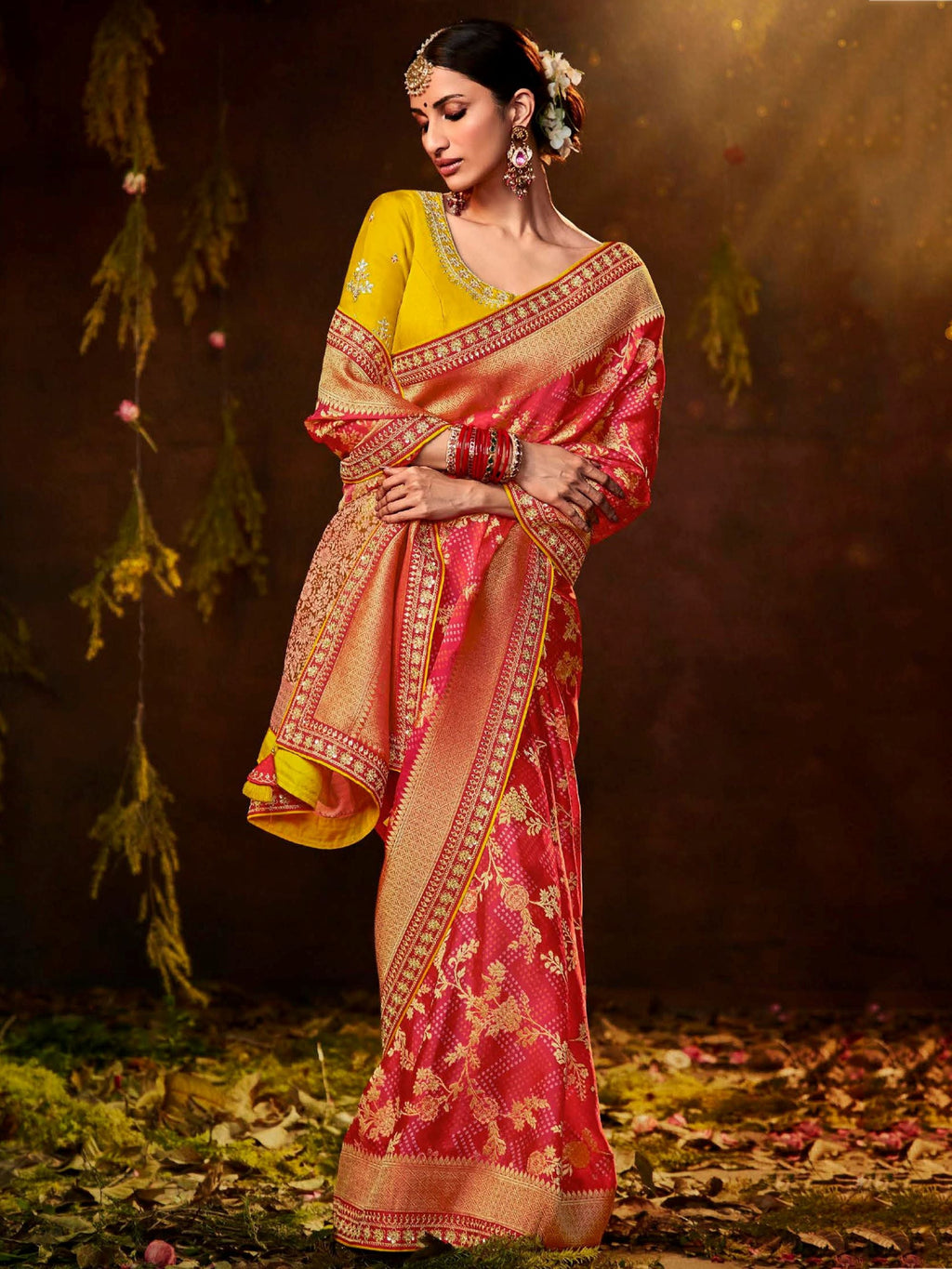 Astonishing Red Silk Bandhani Printed Wedding Saree With Blouse