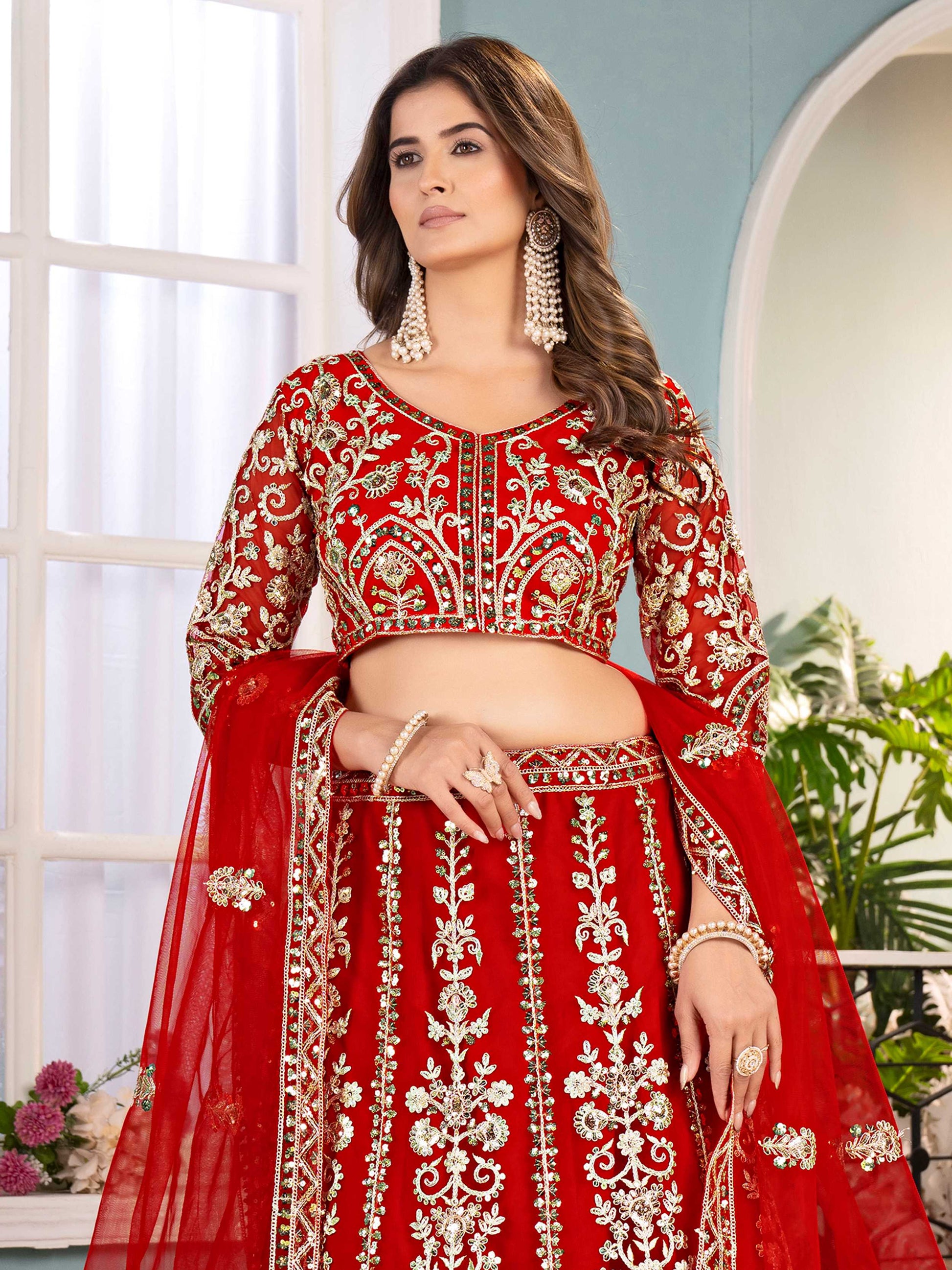 Outstanding Red Net Embroidered Wedding Wear Lehenga Choli