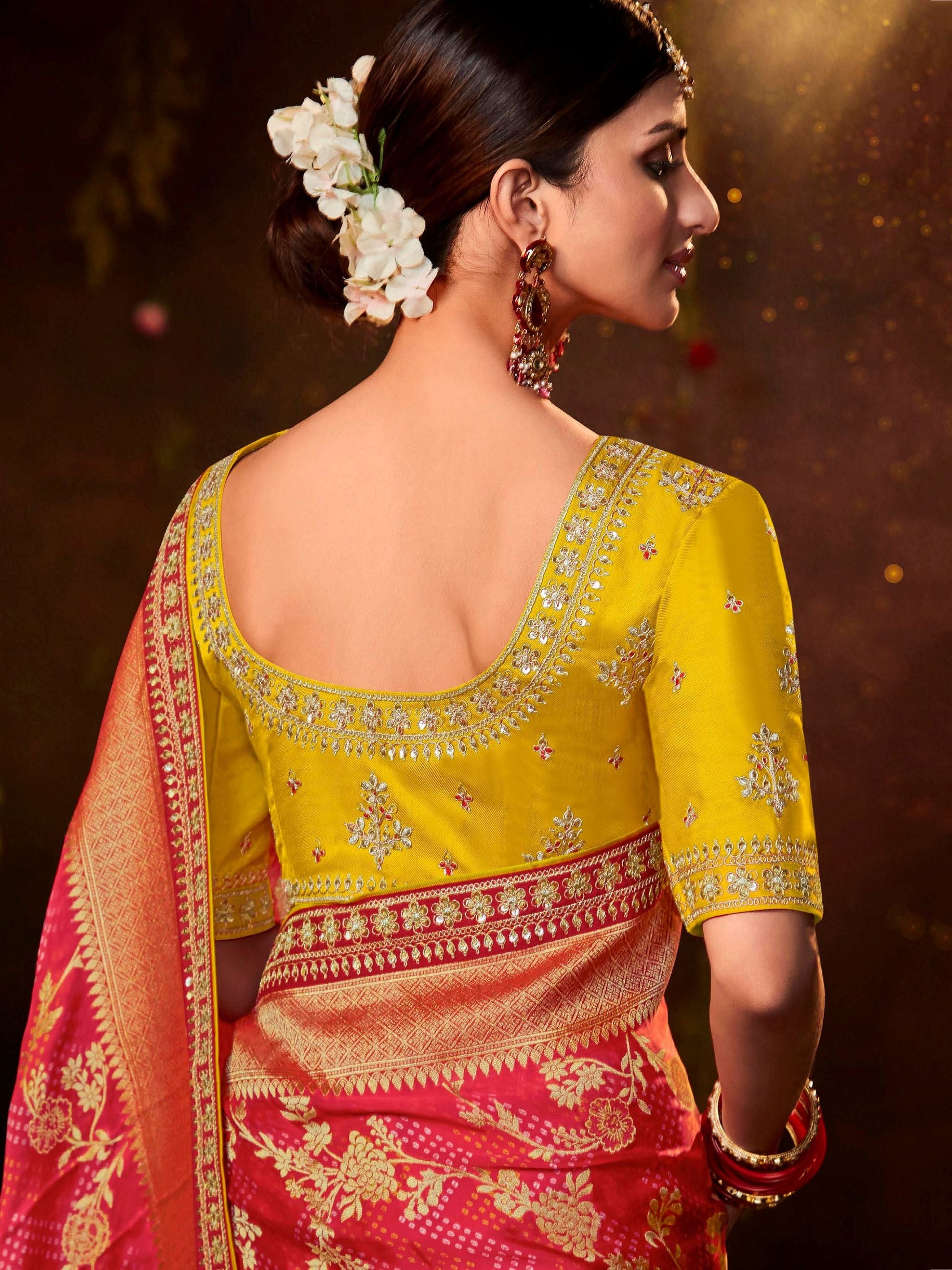 Astonishing Red Silk Bandhani Printed Wedding Saree With Blouse