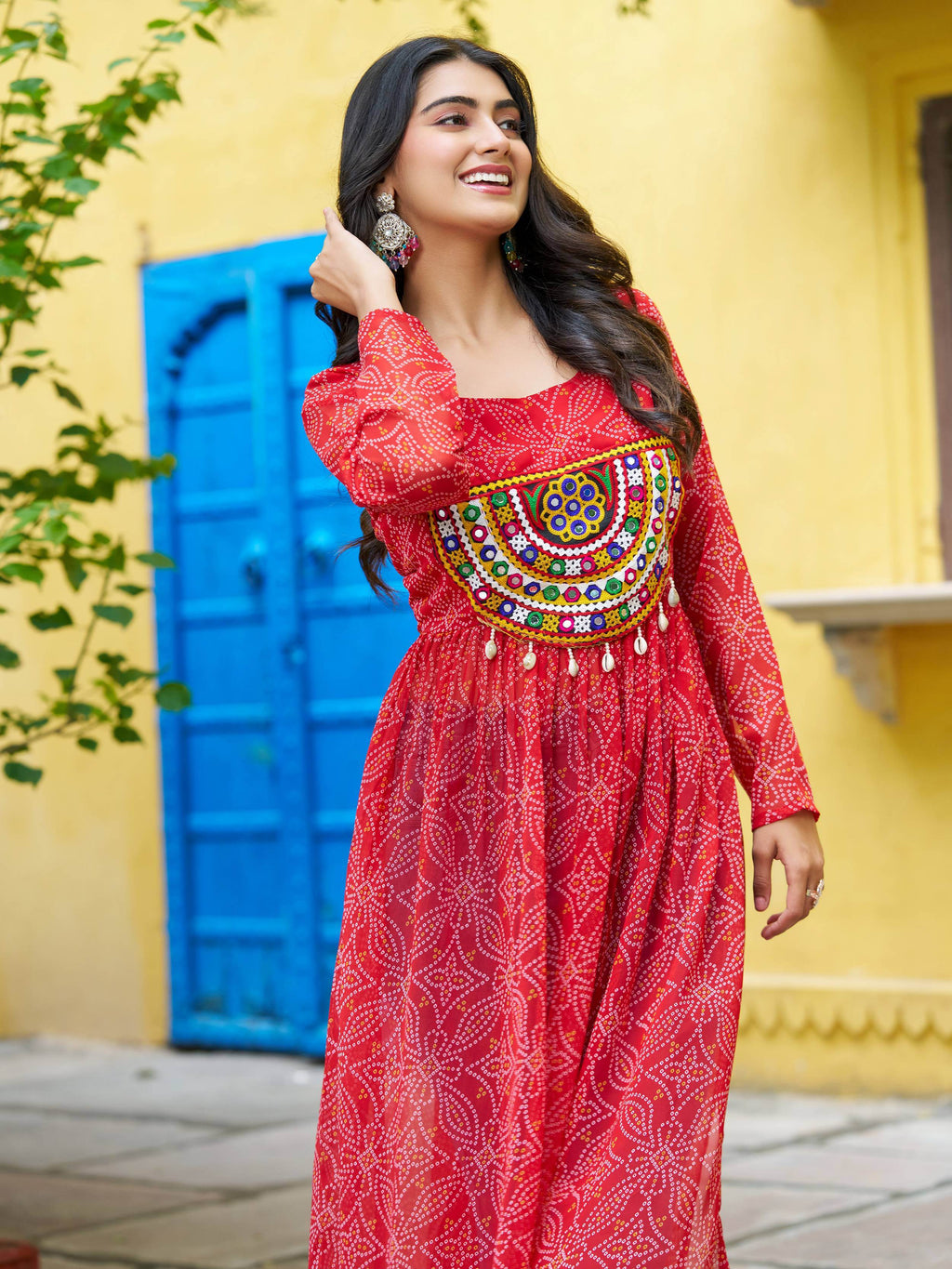 Gorgeous Red Georgette Bandhani Printed Traditional Kurti