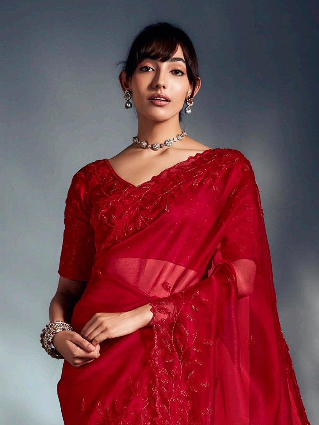 Gorgeous Red Organza Cut Dana Work Wedding Saree With Blouse