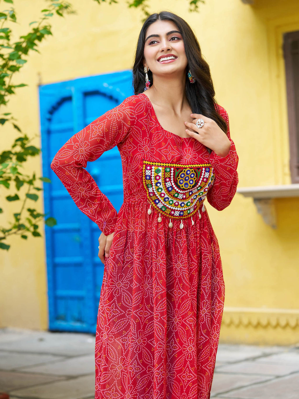 Gorgeous Red Georgette Bandhani Printed Traditional Kurti