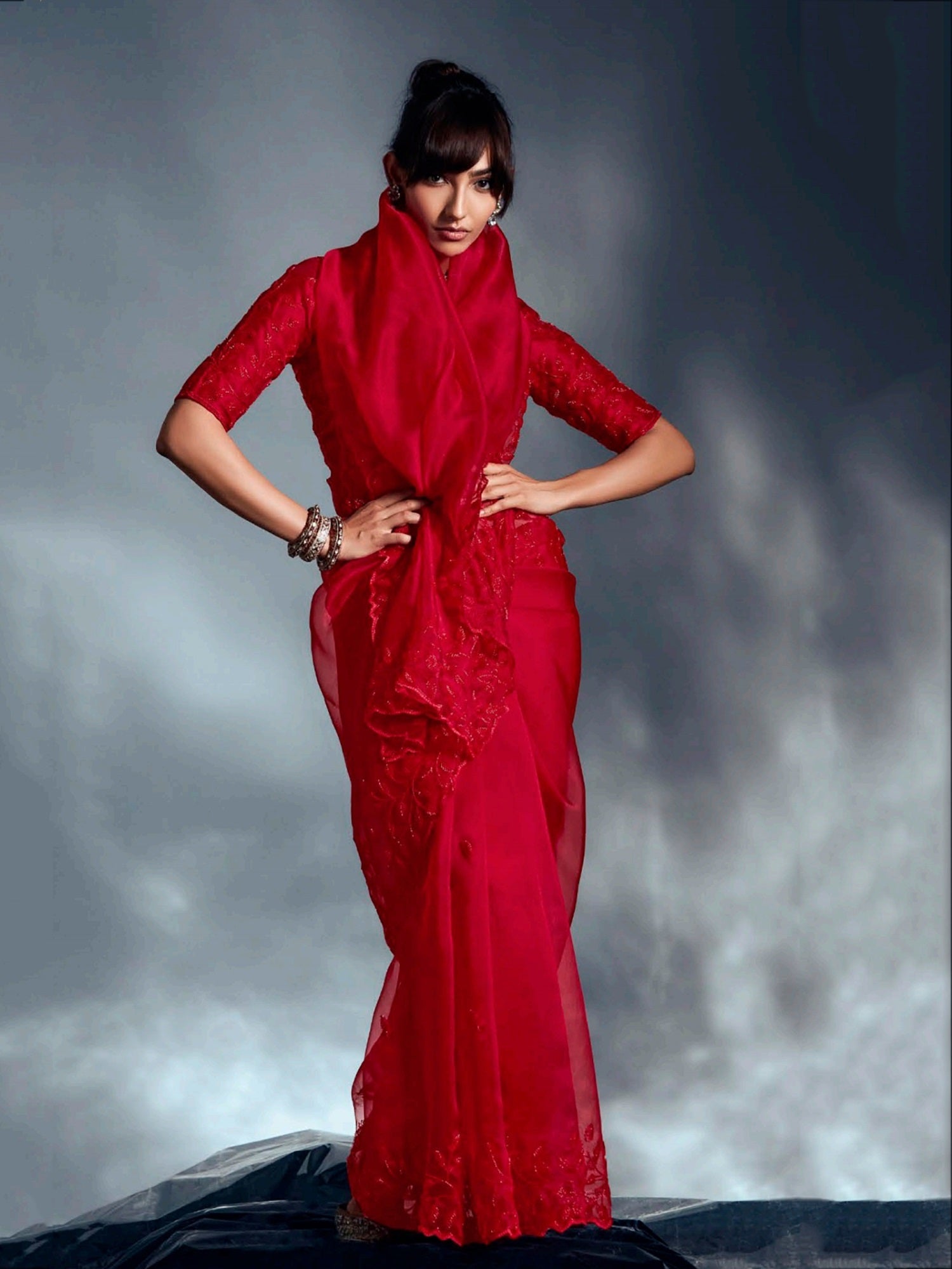 Gorgeous Red Organza Cut Dana Work Wedding Saree With Blouse