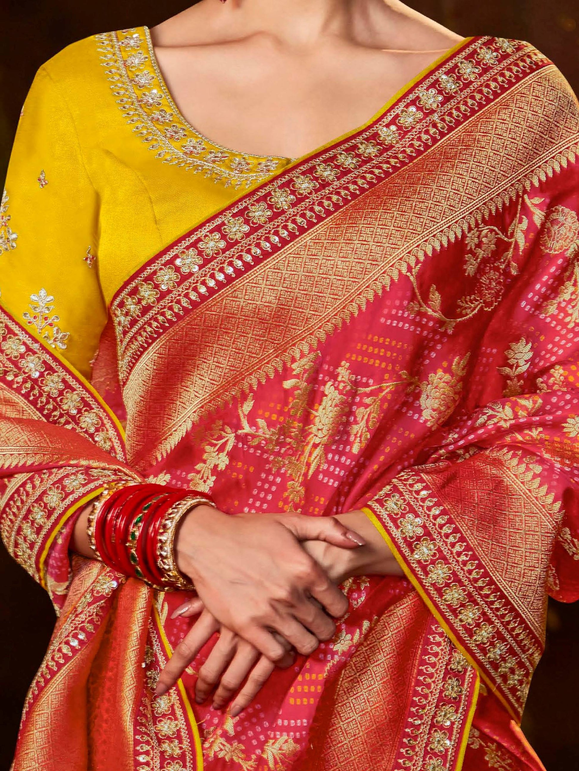 Astonishing Red Silk Bandhani Printed Wedding Saree With Blouse