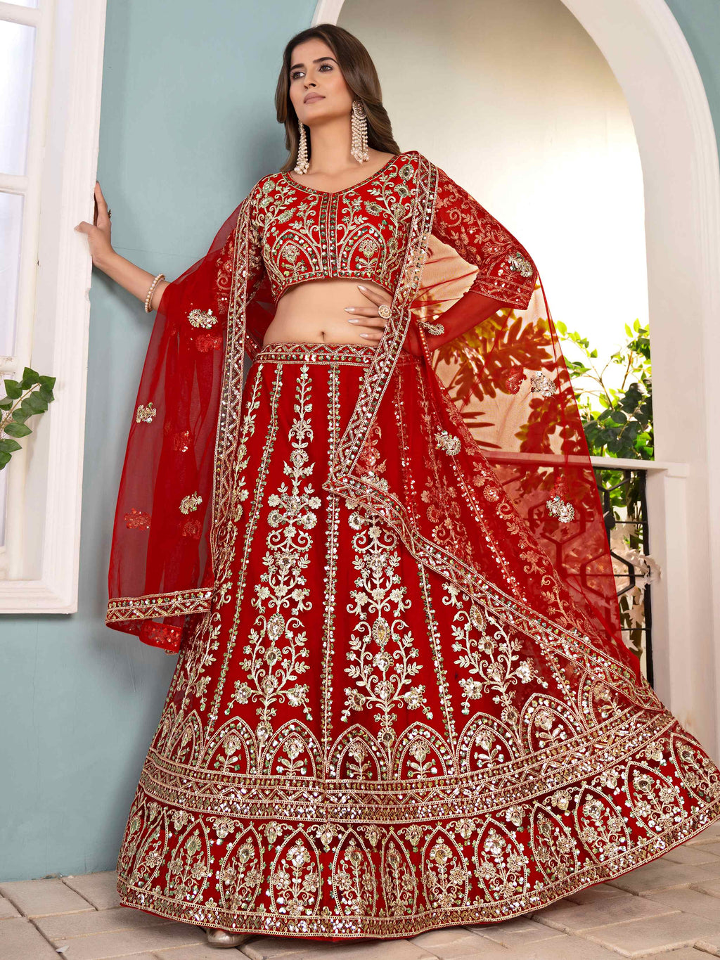 Outstanding Red Net Embroidered Wedding Wear Lehenga Choli