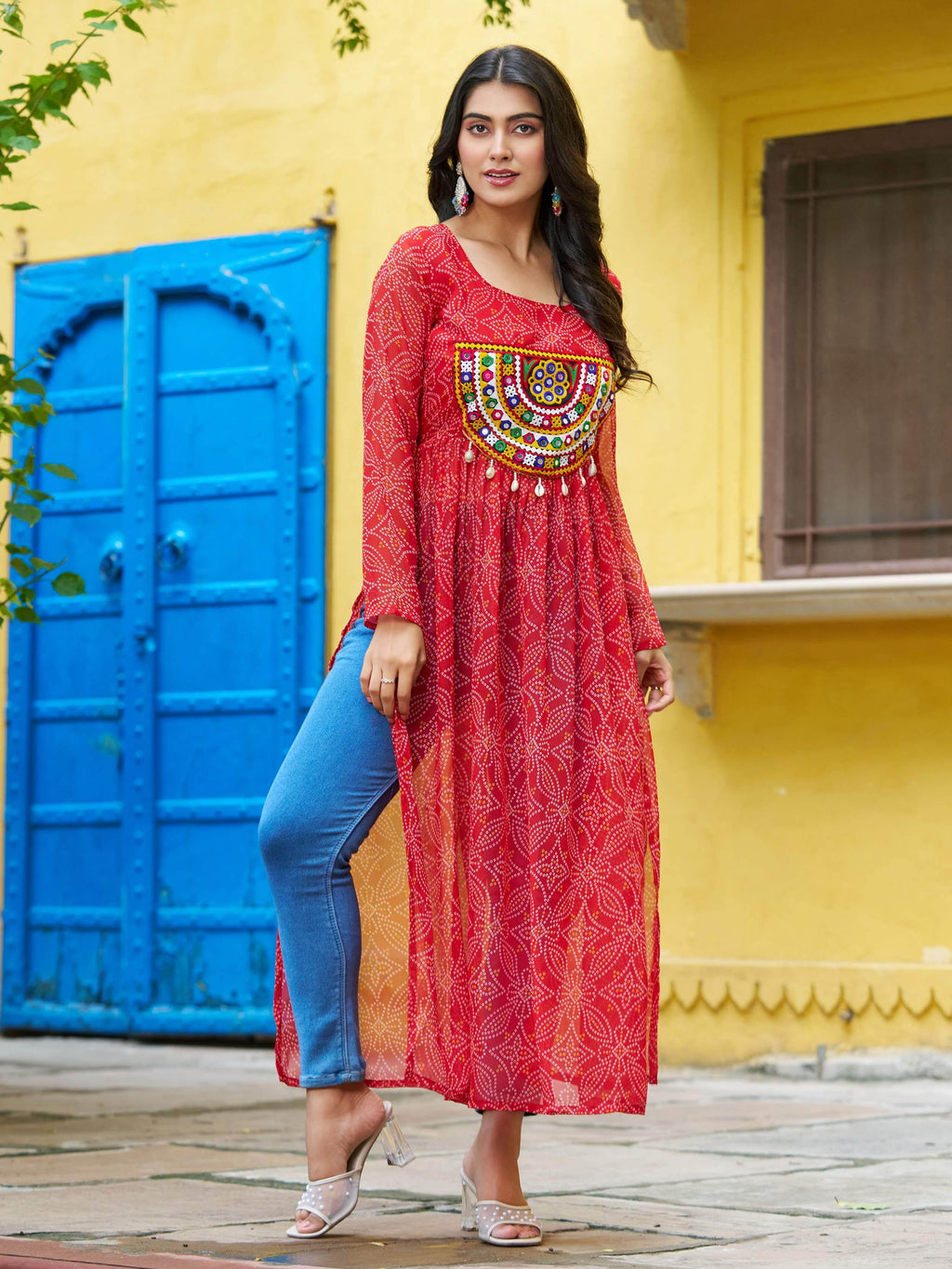 Gorgeous Red Georgette Bandhani Printed Traditional Kurti