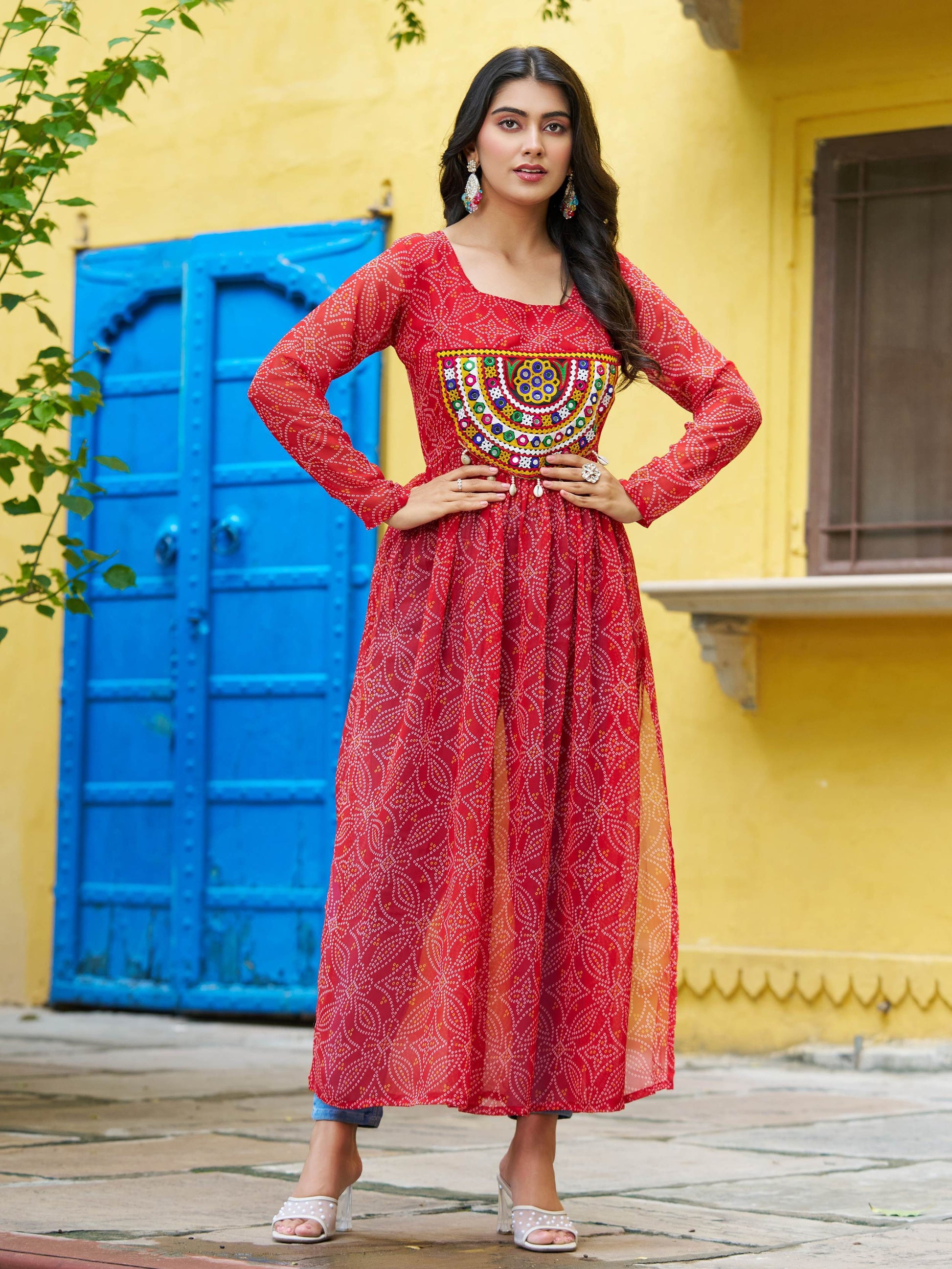 Gorgeous Red Georgette Bandhani Printed Traditional Kurti