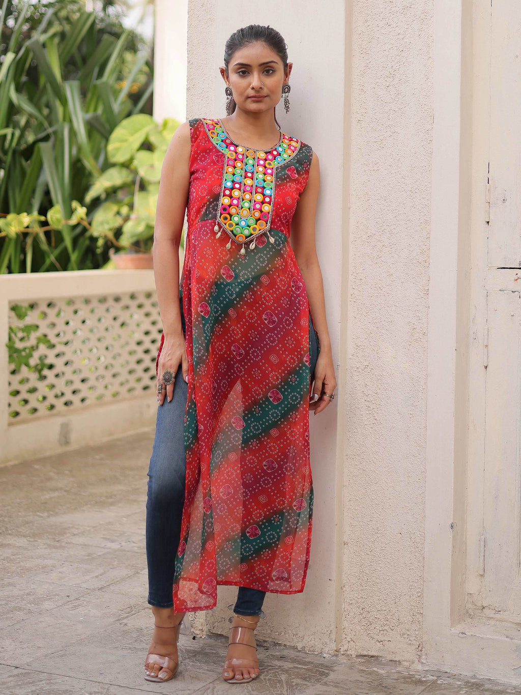 Tantalizing Multi-Color Georgette Bandhani Printed Festival Wear Kurti