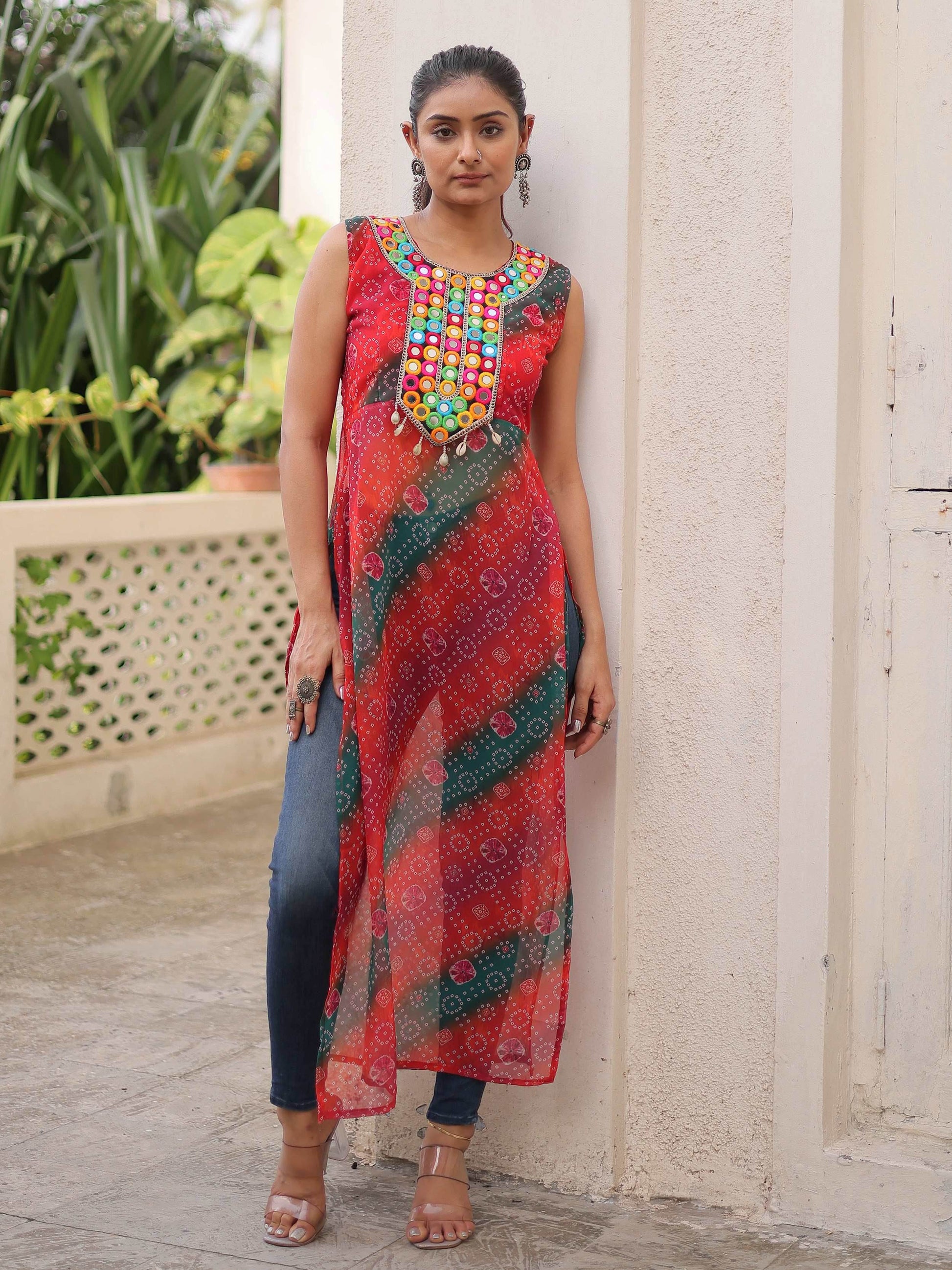Tantalizing Multi-Color Georgette Bandhani Printed Festival Wear Kurti
