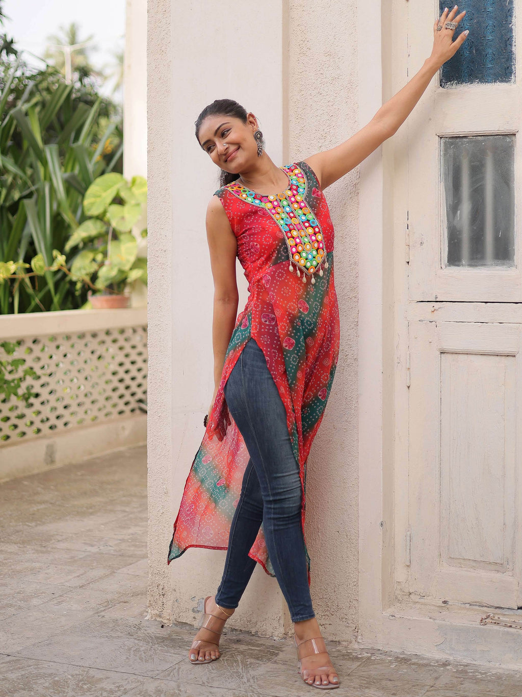 Tantalizing Multi-Color Georgette Bandhani Printed Festival Wear Kurti