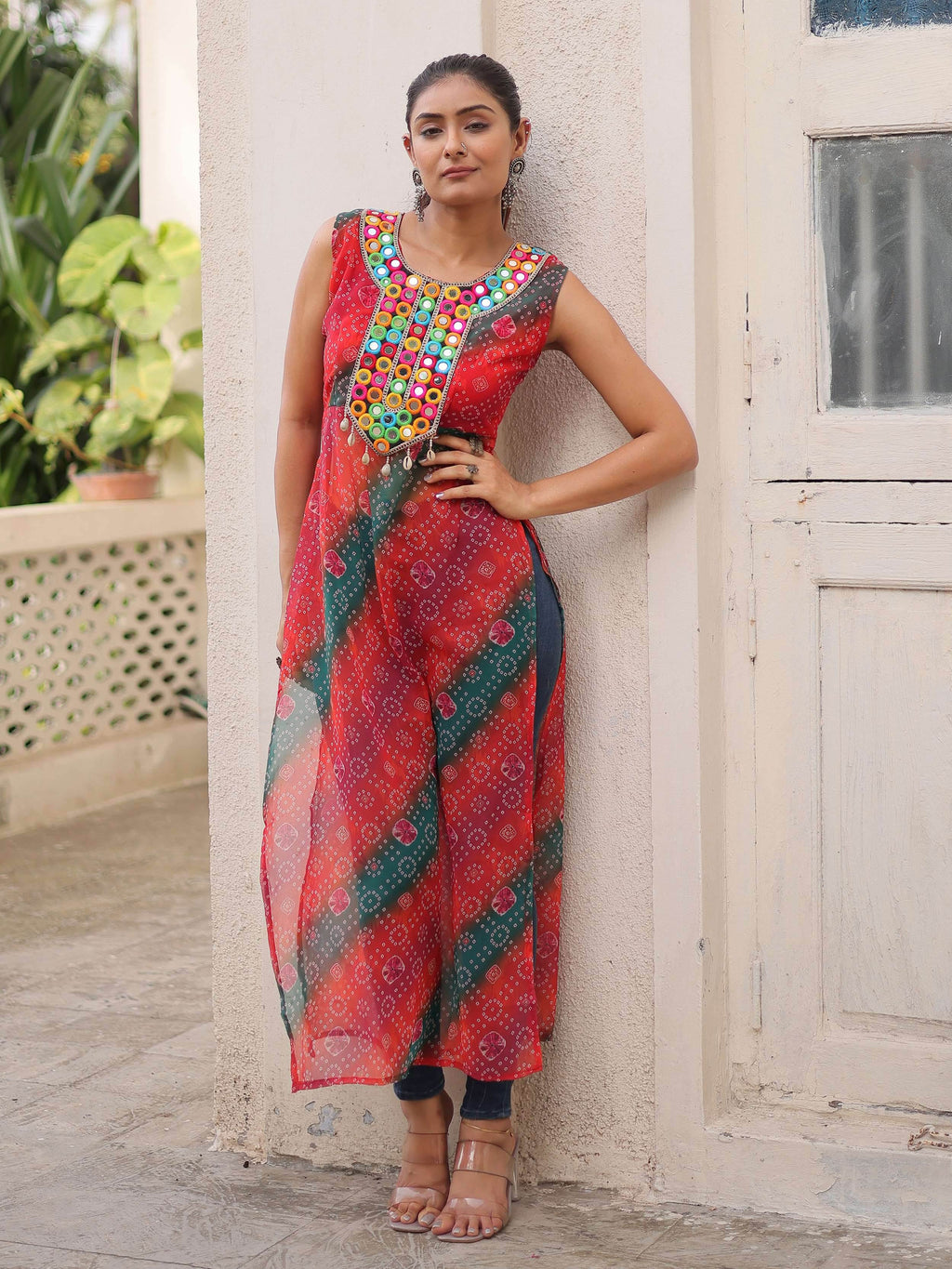 Tantalizing Multi-Color Georgette Bandhani Printed Festival Wear Kurti