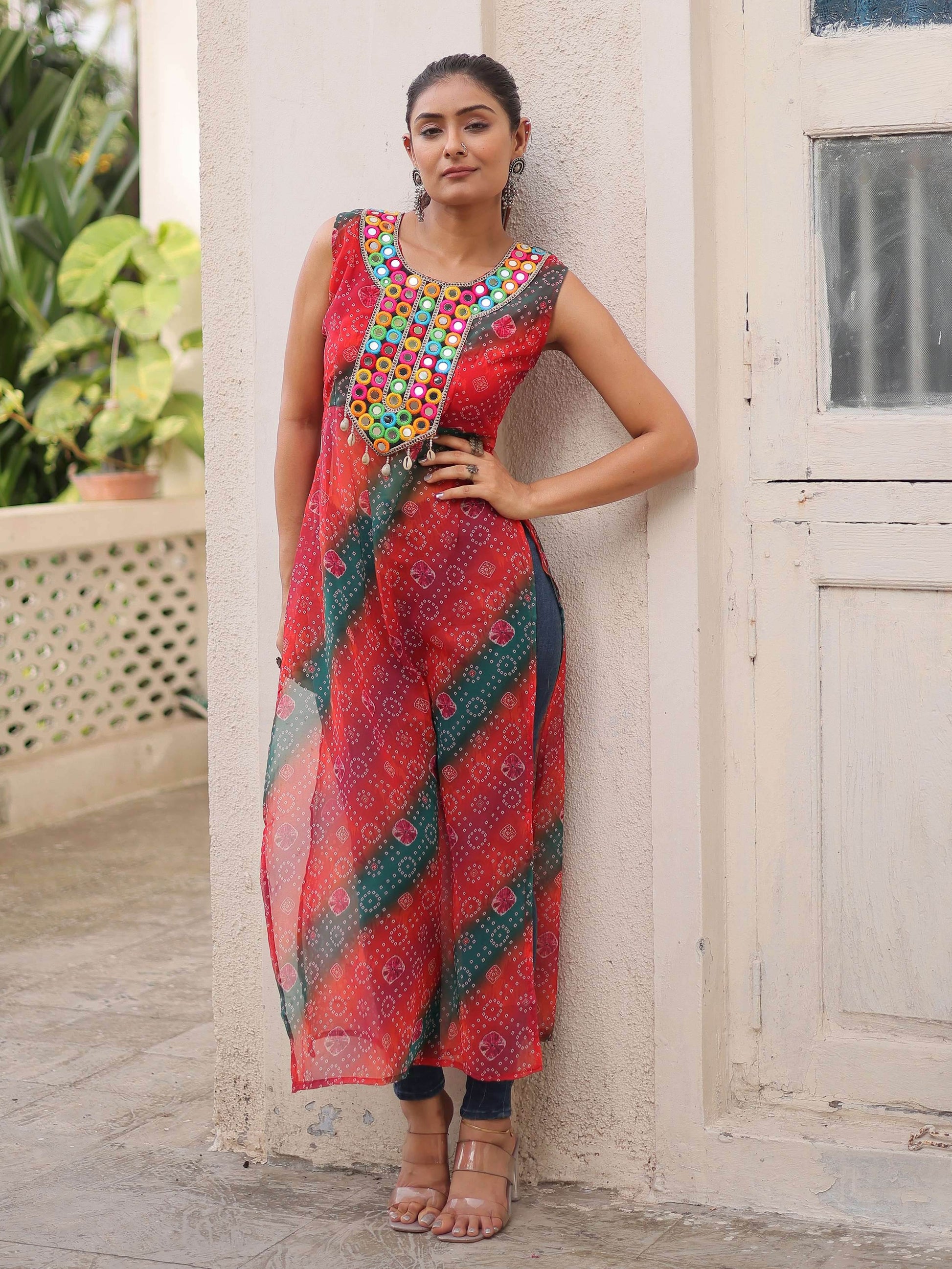Tantalizing Multi-Color Georgette Bandhani Printed Festival Wear Kurti