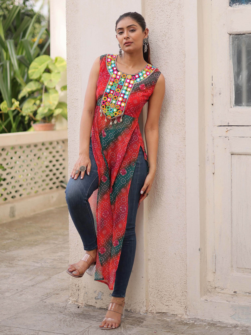 Tantalizing Multi-Color Georgette Bandhani Printed Festival Wear Kurti