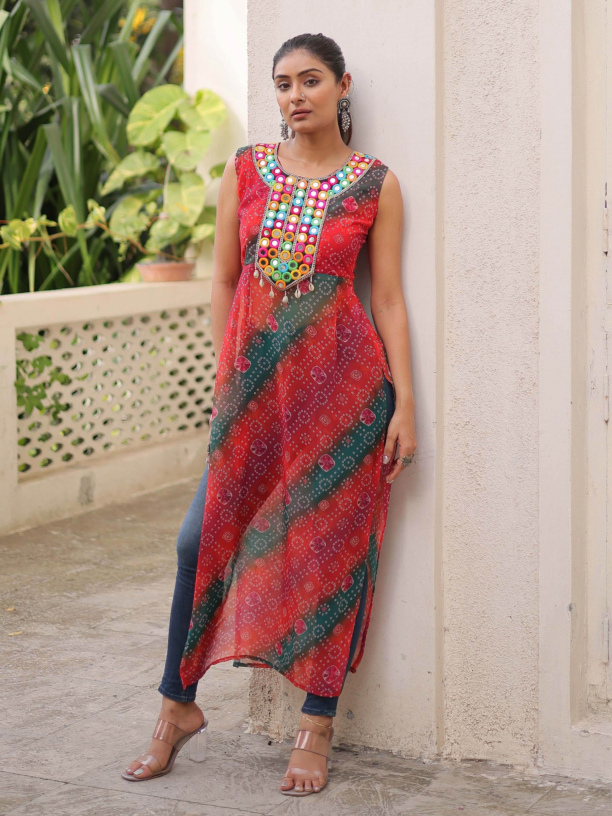 Tantalizing Multi-Color Georgette Bandhani Printed Festival Wear Kurti