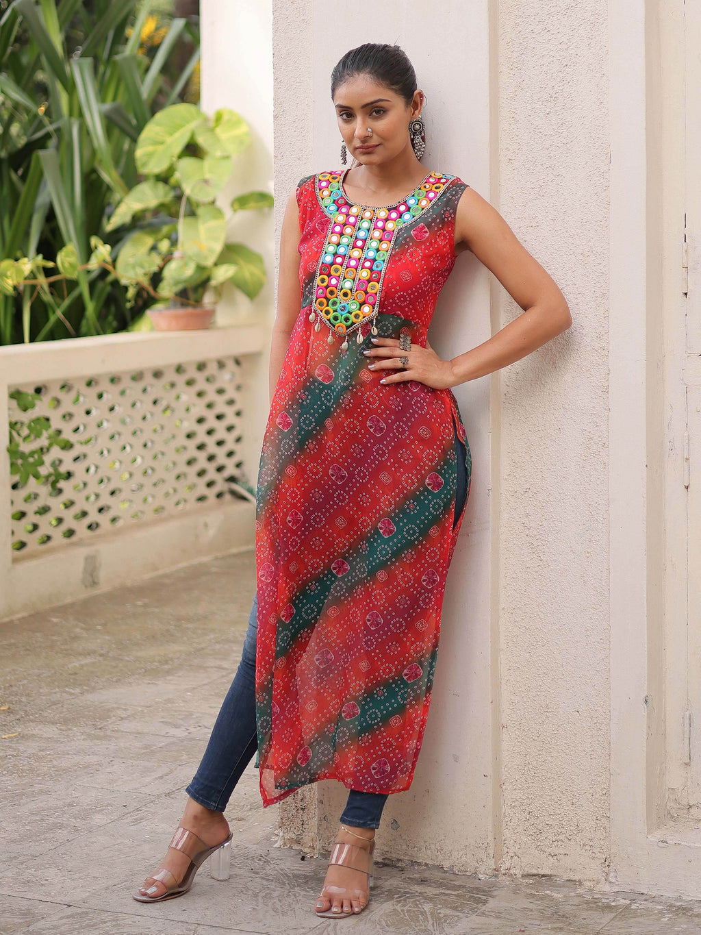 Tantalizing Multi-Color Georgette Bandhani Printed Festival Wear Kurti